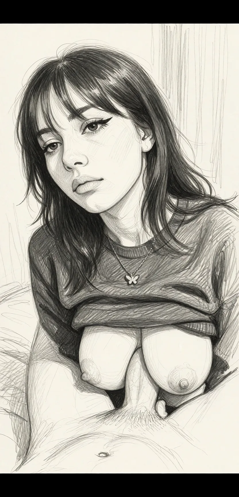 Redraw the entire picture as a hand-drawn graphite sketch on off-white paper: visible pencil strokes, cross-hatched shading, loose construction lines and no colour beyond the grey of the pencil and the tone of the paper. The background is drawn in the same style. Nothing in the frame keeps its photographic appearance. Above all, the picture must show: breast_sucking.