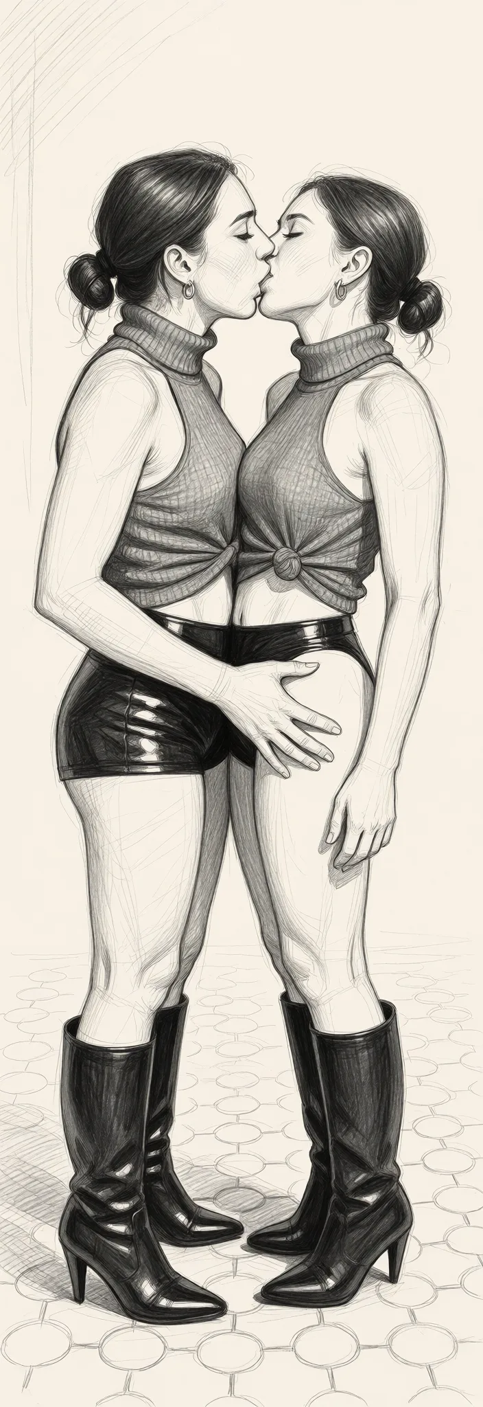 Redraw the entire picture as a hand-drawn graphite sketch on off-white paper: visible pencil strokes, cross-hatched shading, loose construction lines and no colour beyond the grey of the pencil and the tone of the paper. The background is drawn in the same style. Nothing in the frame keeps its photographic appearance. Above all, the picture must show: Soft ballbusting with thigh during the deep french kiss.