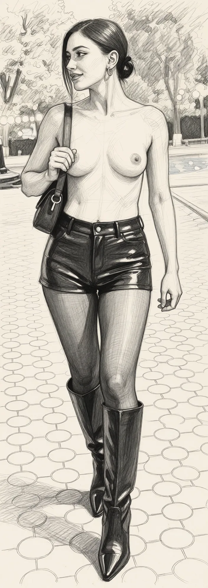 Redraw the entire picture as a hand-drawn graphite sketch on off-white paper: visible pencil strokes, cross-hatched shading, loose construction lines and no colour beyond the grey of the pencil and the tone of the paper. The background is drawn in the same style. Nothing in the frame keeps its photographic appearance. Above all, the picture must show: Leg kiss.