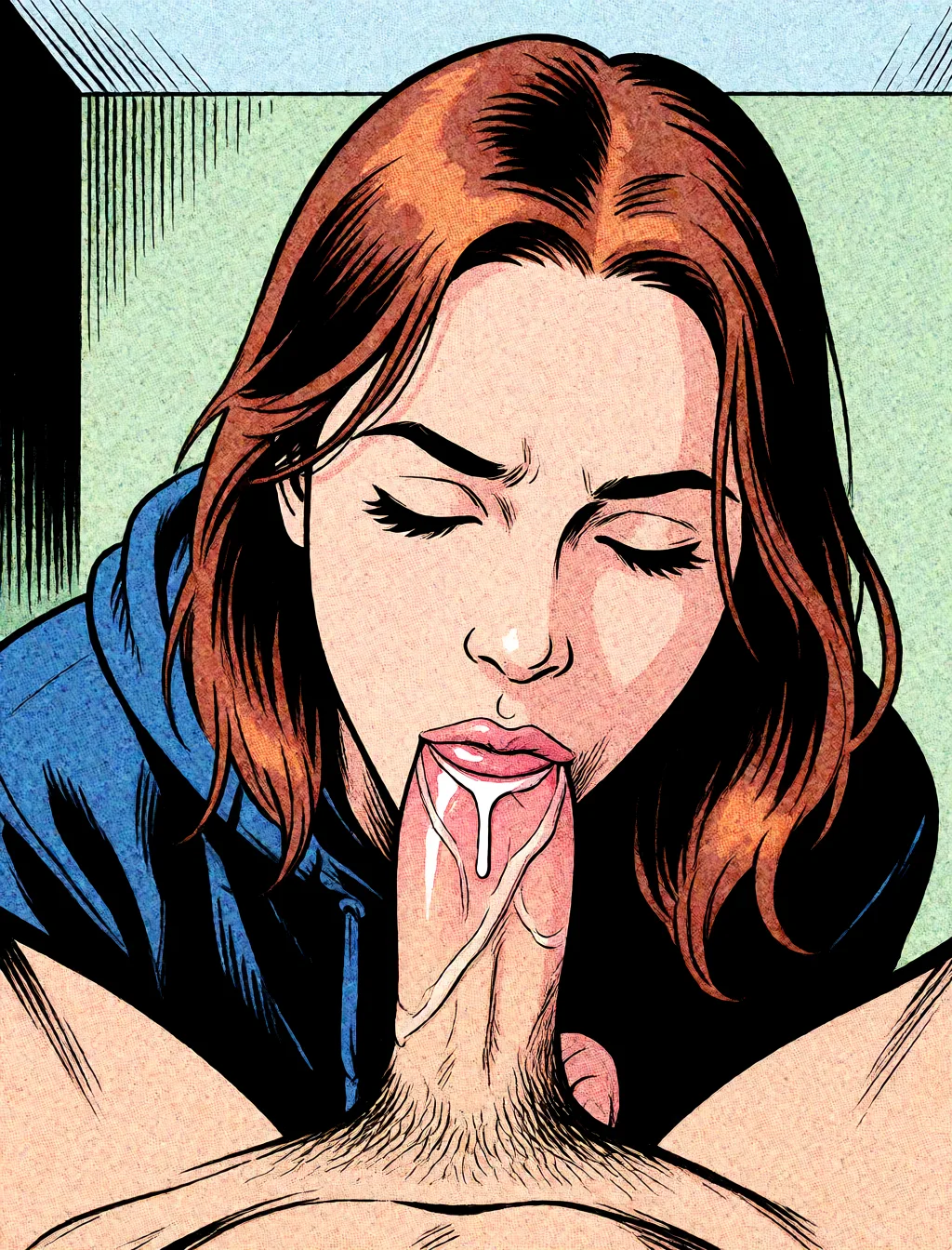 Redraw the entire picture as western comic-book art: heavy black inked outlines, hard-edged cel shading, limited high-contrast colour and visible halftone dot texture. The background is drawn in the same style. Nothing in the frame keeps its photographic appearance. Above all, the picture must show: fellatio.
