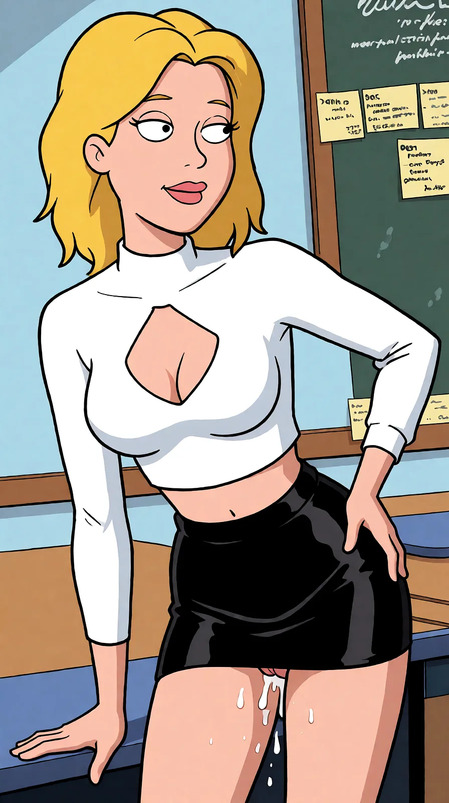 Redraw the entire picture as a western animated cartoon cel: thick even outlines, flat bright blocks of colour, simplified rounded shapes and hard-edged shadows, in the look of a television cartoon rather than of a camera. Keep the woman's adult proportions and adult figure exactly as they are; only the drawing style changes. The background is drawn in the same style. Nothing in the frame keeps its photographic appearance. Above all, the picture must show: female_masturbation.