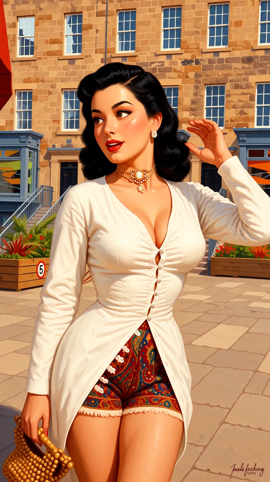 Redraw the entire picture as a retro pin-up illustration: smooth airbrushed gouache paint, warm saturated mid-century colour, clean confident outlines and glamorous stylised features, in the look of a 1950s pin-up poster. The background is painted in the same style. Nothing in the frame keeps its photographic appearance. Above all, the picture must show: make fucking with full breast and hot.