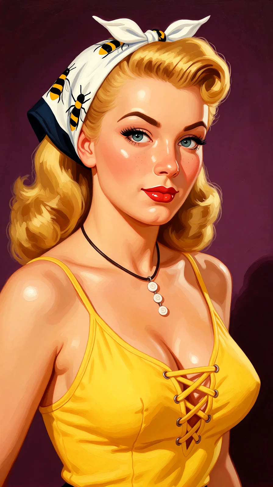 Redraw the entire picture as a retro pin-up illustration: smooth airbrushed gouache paint, warm saturated mid-century colour, clean confident outlines and glamorous stylised features, in the look of a 1950s pin-up poster. The background is painted in the same style. Nothing in the frame keeps its photographic appearance. Above all, the picture must show: gang bang.