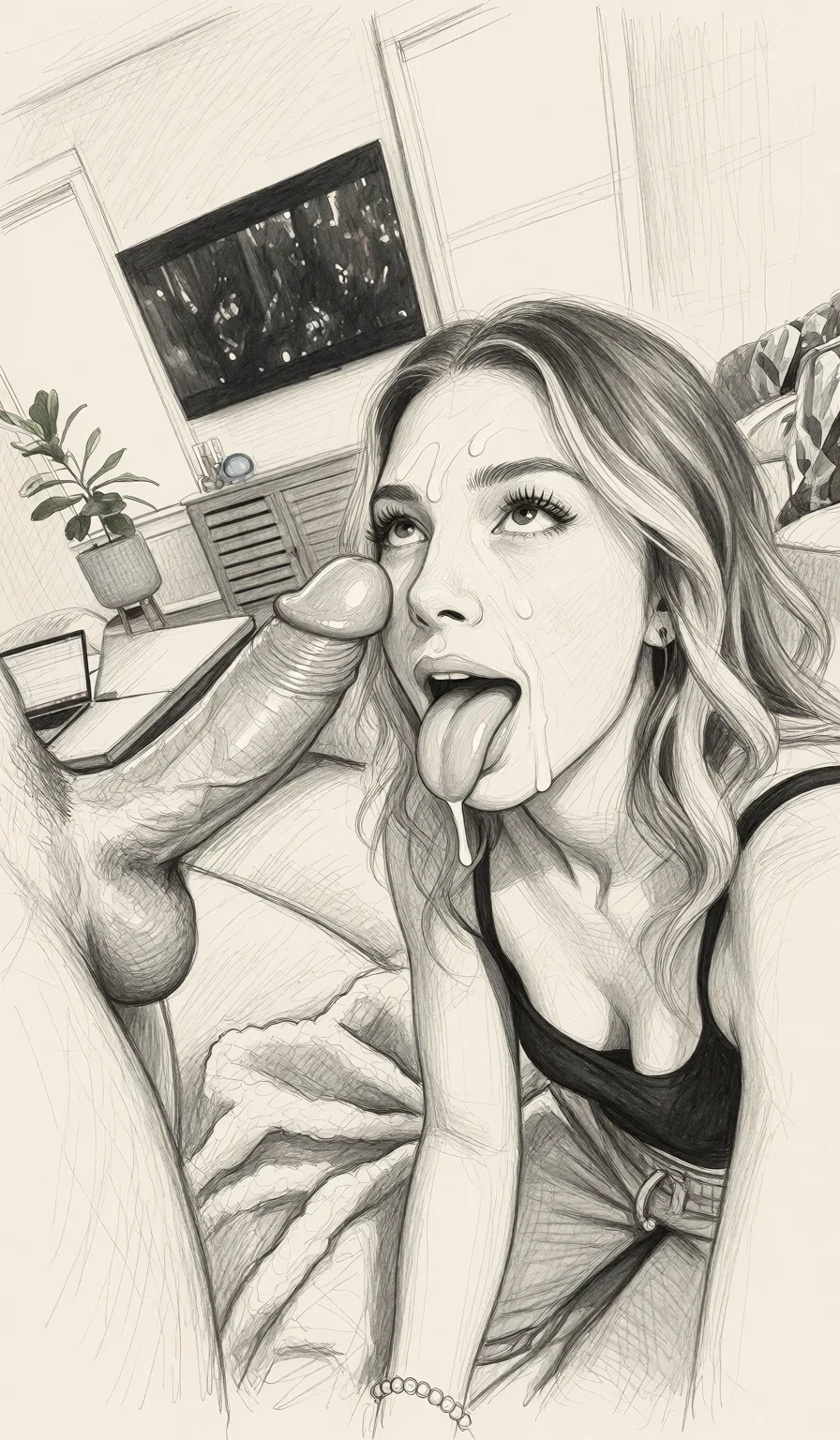 Redraw the entire picture as a hand-drawn graphite sketch on off-white paper: visible pencil strokes, cross-hatched shading, loose construction lines and no colour beyond the grey of the pencil and the tone of the paper. The background is drawn in the same style. Nothing in the frame keeps its photographic appearance. Above all, the picture must show: put a hard dick next to her face with cum dripping down her face. But keep her in the same position.