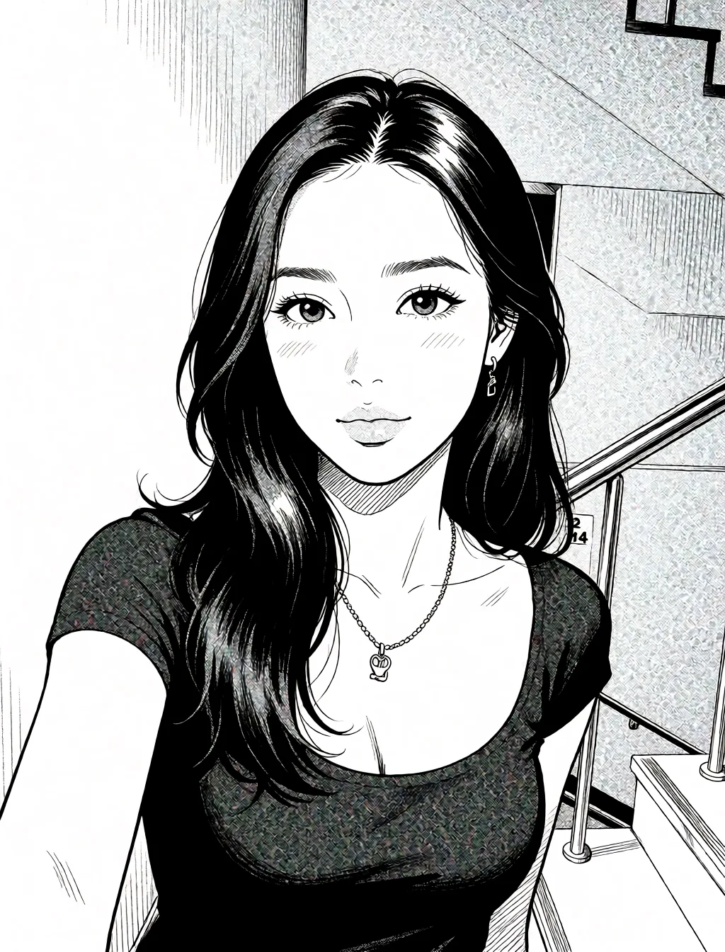Redraw the entire picture as a black and white manga page: crisp black ink line art, no colour anywhere, flat halftone screentone shading, hatched shadows and clean white highlights, in the look of a printed manga panel. The background is drawn in the same style. Nothing in the frame keeps its photographic appearance. Above all, the picture must show: completely_nude.