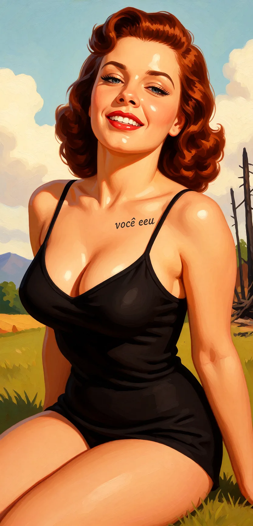 Redraw the entire picture as a retro pin-up illustration: smooth airbrushed gouache paint, warm saturated mid-century colour, clean confident outlines and glamorous stylised features, in the look of a 1950s pin-up poster. The background is painted in the same style. Nothing in the frame keeps its photographic appearance. Above all, the picture must show: Rough deep sex.