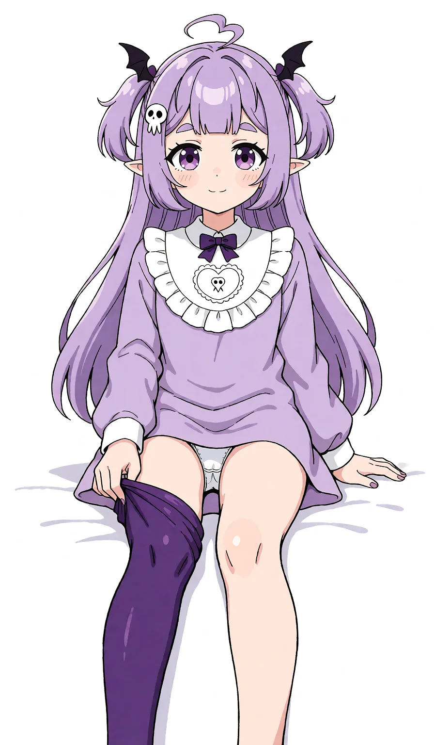 Redraw the entire picture as a hand-drawn anime illustration in flat cel-shaded anime style. It stays the same person with the same face, the same expression, the same hair and the same skin tone, and every other detail of the photograph is kept exactly as it is: nothing is added, removed, moved, uncovered or recoloured. Only the medium changes, and no part of the picture is left photographic. Above all, the picture must show: Change the pose to a more sexy one. How she pulls the stocking over one leg. The other leg is bare.