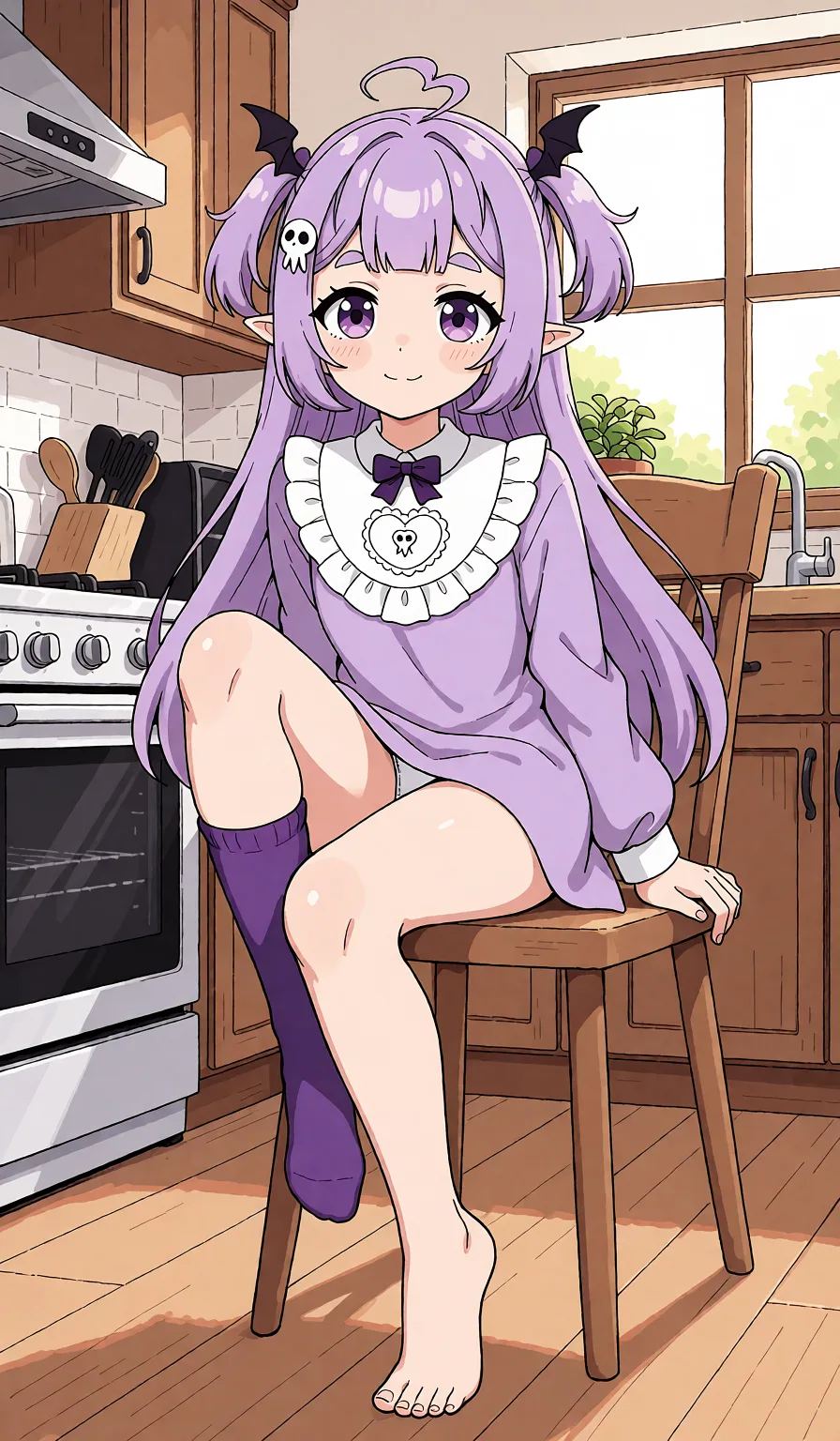 Redraw the entire picture as a hand-drawn anime illustration in flat cel-shaded anime style. It stays the same person with the same face, the same expression, the same hair and the same skin tone, and every other detail of the photograph is kept exactly as it is: nothing is added, removed, moved, uncovered or recoloured. Only the medium changes, and no part of the picture is left photographic. Above all, the picture must show: Change the apparent age to 19 years.Place more emphasis on the legs and feet.One leg without a stocking.