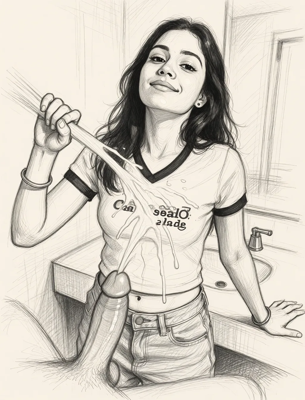 Redraw the entire picture as a hand-drawn graphite sketch on off-white paper: visible pencil strokes, cross-hatched shading, loose construction lines and no colour beyond the grey of the pencil and the tone of the paper. The background is drawn in the same style. Nothing in the frame keeps its photographic appearance. Above all, the picture must show: She keeps stroking the shaft rapidly with one hand while her other hand slides away to her side. The cock unleashes streams of cum onto her chest. She then looks up at the camera with a satisfied smile.