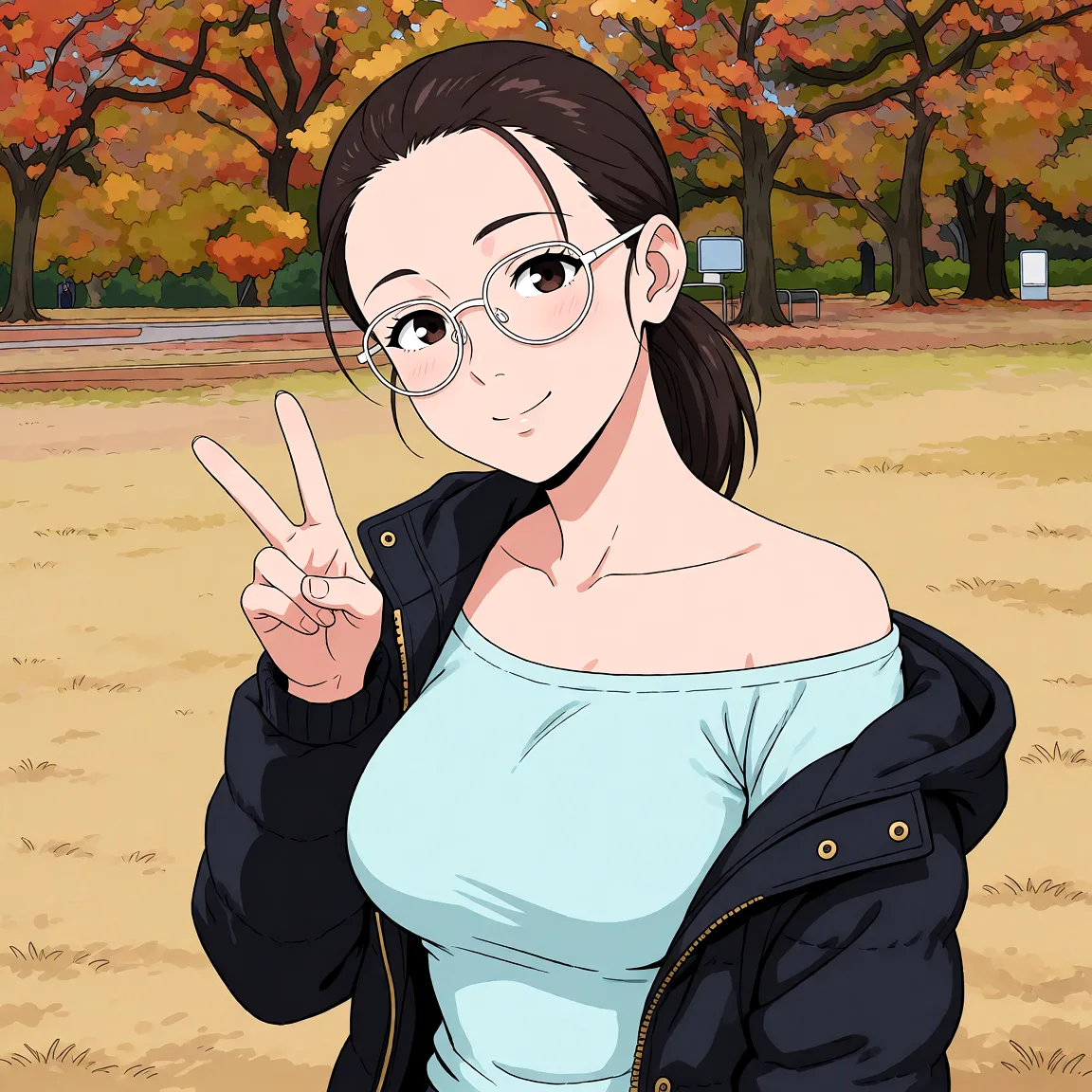 Redraw the entire picture as a hand-drawn anime illustration in flat cel-shaded anime style. It stays the same person with the same face, the same expression, the same hair and the same skin tone, and every other detail of the photograph is kept exactly as it is: nothing is added, removed, moved, uncovered or recoloured. Only the medium changes, and no part of the picture is left photographic. Above all, the picture must show: cum_on_breasts, remove jacket, off-shoulder_shirt, breasts_out.