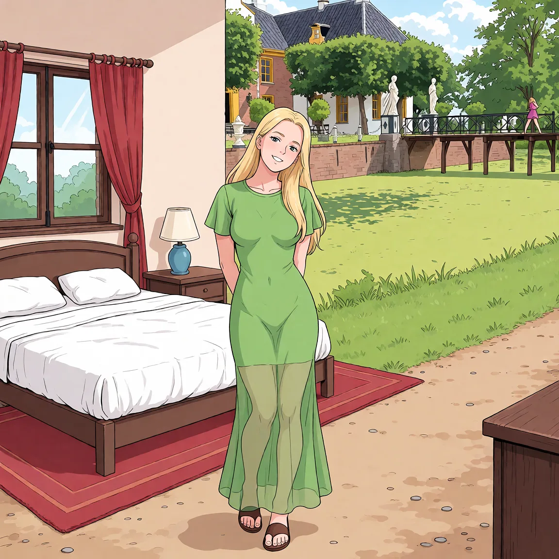 Redraw the entire picture as a hand-drawn anime illustration in flat cel-shaded anime style. It stays the same person with the same face, the same expression, the same hair and the same skin tone, and every other detail of the photograph is kept exactly as it is: nothing is added, removed, moved, uncovered or recoloured. Only the medium changes, and no part of the picture is left photographic. Above all, the picture must show: nude bedroom.
