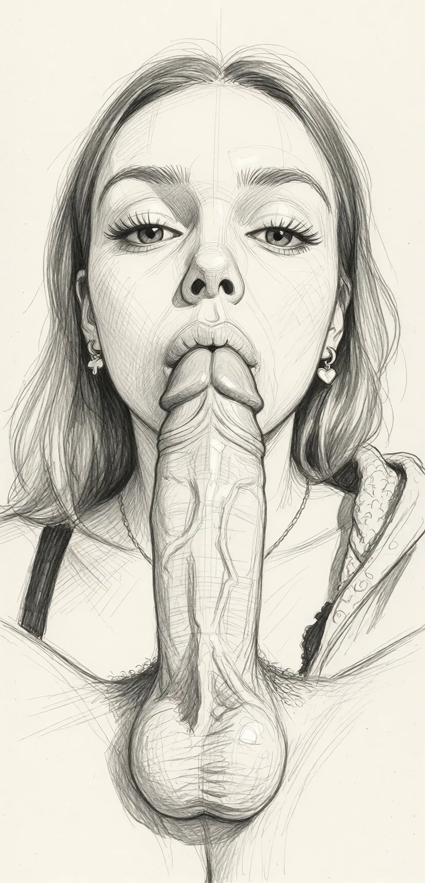 Redraw the entire picture as a hand-drawn graphite sketch on off-white paper: visible pencil strokes, cross-hatched shading, loose construction lines and no colour beyond the grey of the pencil and the tone of the paper. The background is drawn in the same style. Nothing in the frame keeps its photographic appearance. Above all, the picture must show: Sucking penis.