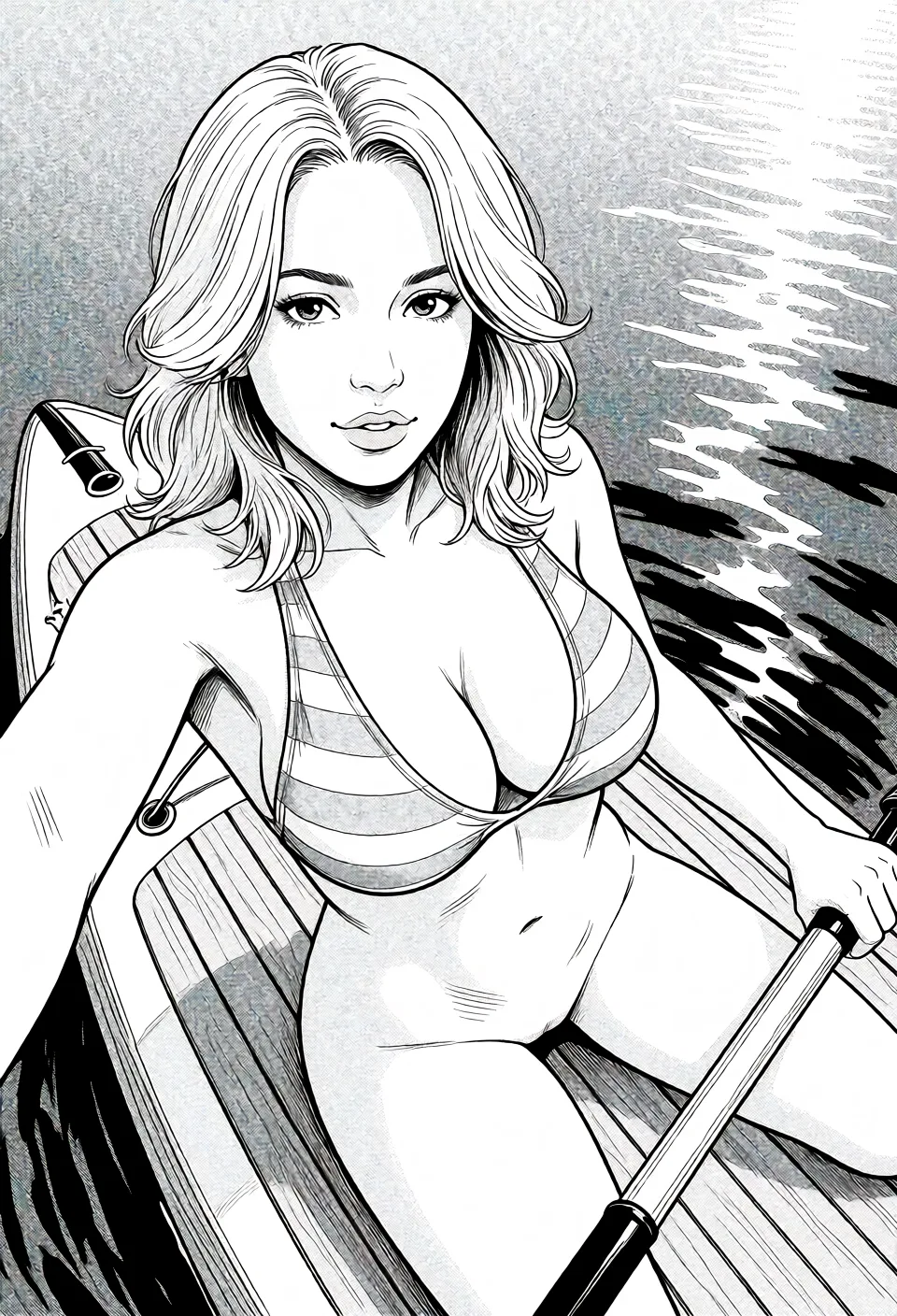 Redraw the entire picture as a black and white manga page: crisp black ink line art, no colour anywhere, flat halftone screentone shading, hatched shadows and clean white highlights, in the look of a printed manga panel. The background is drawn in the same style. Nothing in the frame keeps its photographic appearance. Above all, the picture must show: nude.