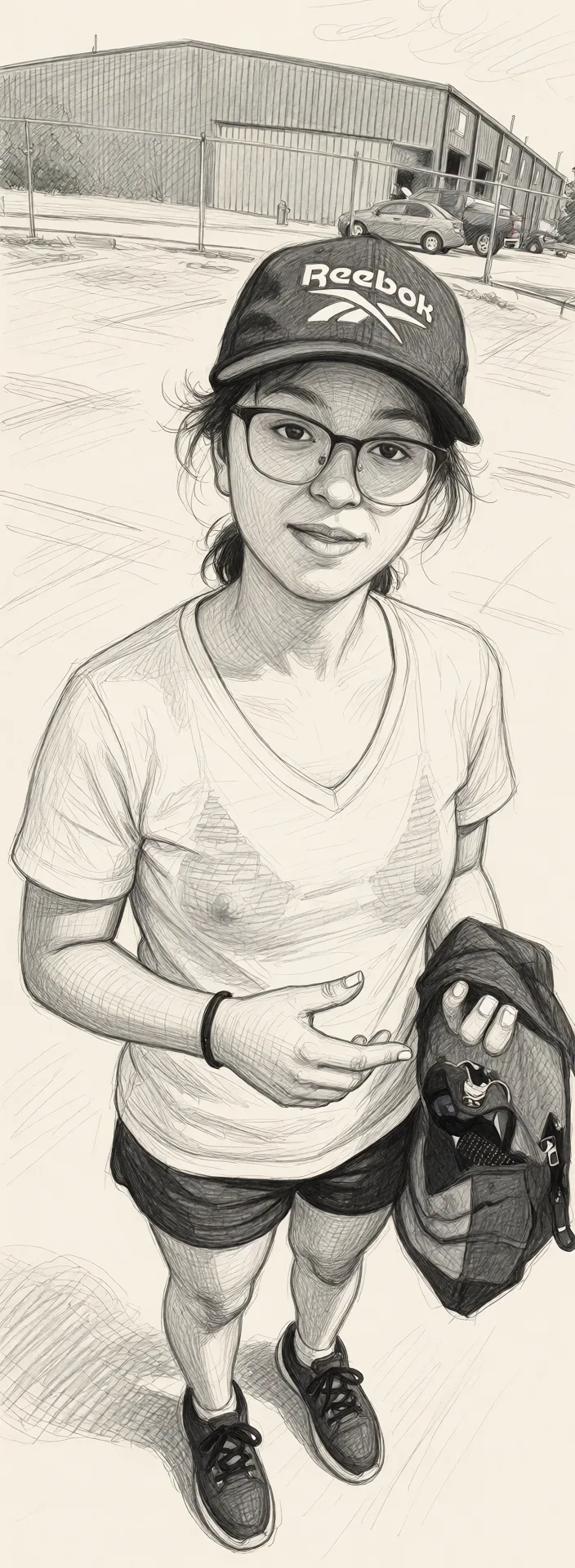 Redraw the entire picture as a hand-drawn graphite sketch on off-white paper: visible pencil strokes, cross-hatched shading, loose construction lines and no colour beyond the grey of the pencil and the tone of the paper. The background is drawn in the same style. Nothing in the frame keeps its photographic appearance. Above all, the picture must show: see-through_shirt, cum_on_breasts.