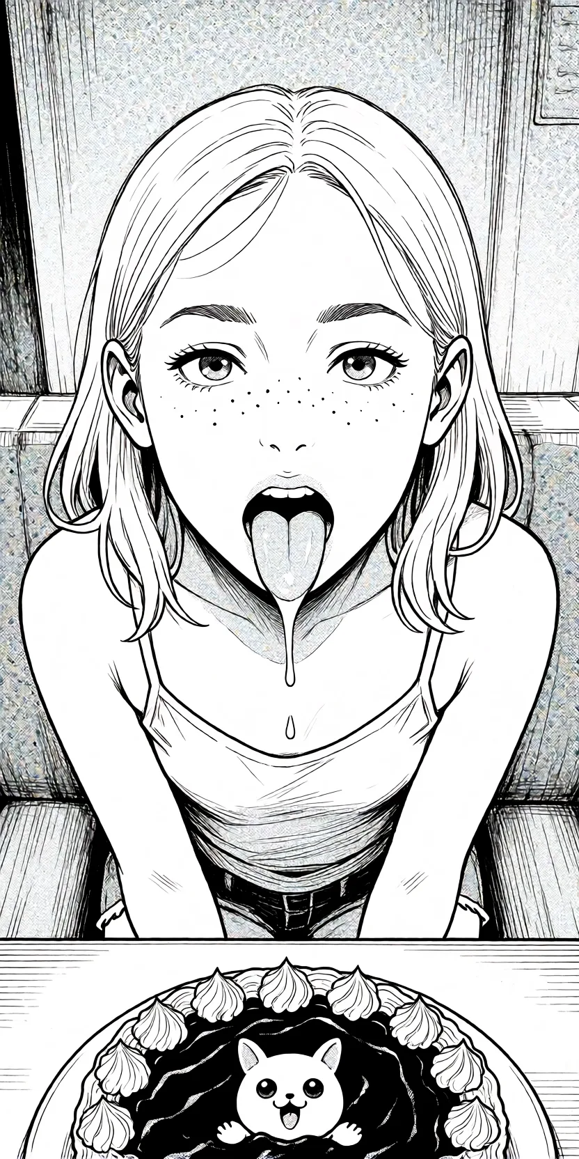 Redraw the entire picture as a black and white manga page: crisp black ink line art, no colour anywhere, flat halftone screentone shading, hatched shadows and clean white highlights, in the look of a printed manga panel. The background is drawn in the same style. Nothing in the frame keeps its photographic appearance. Above all, the picture must show: Deep throat.