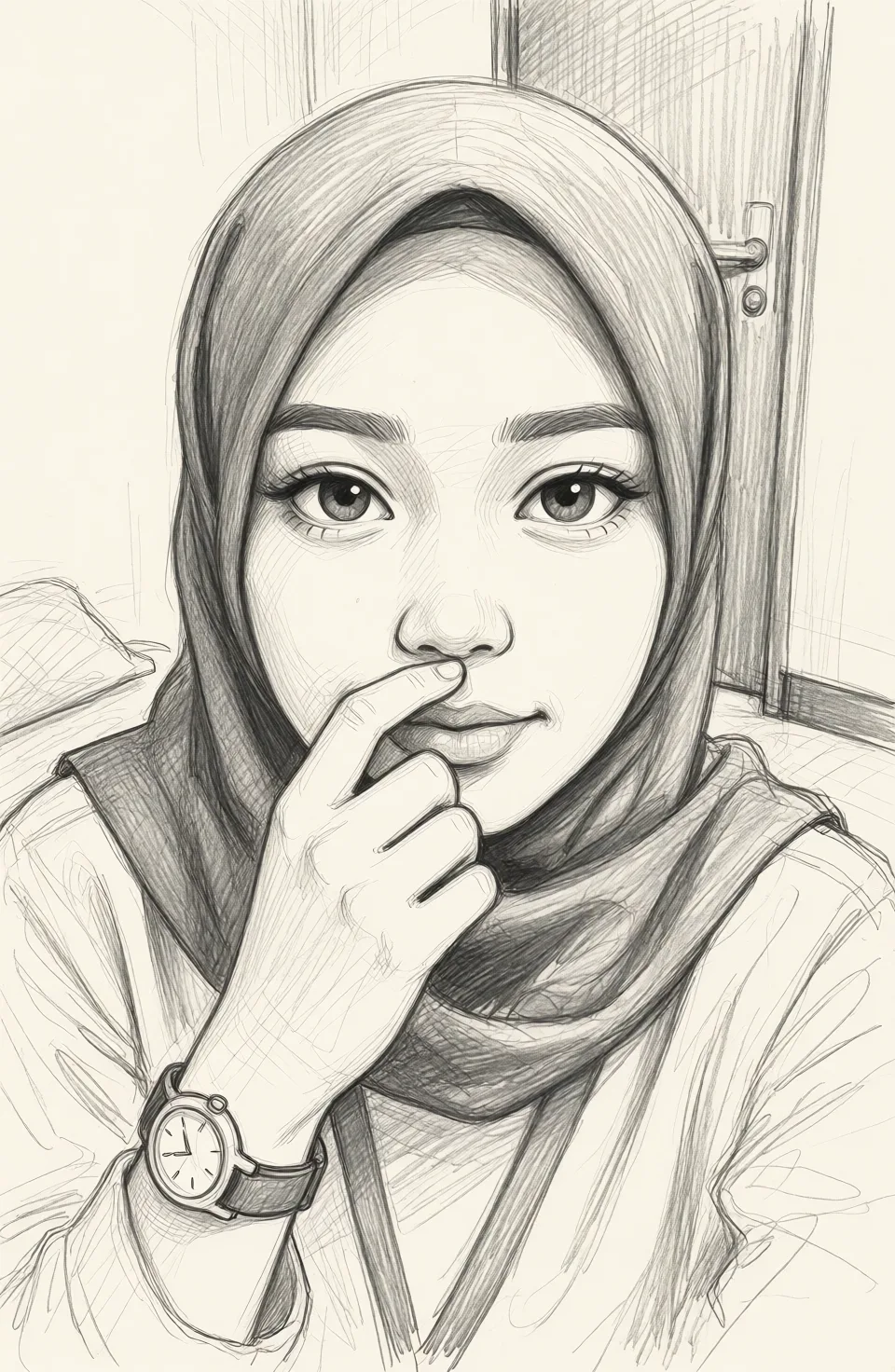 Redraw the entire picture as a hand-drawn graphite sketch on off-white paper: visible pencil strokes, cross-hatched shading, loose construction lines and no colour beyond the grey of the pencil and the tone of the paper. The background is drawn in the same style. Nothing in the frame keeps its photographic appearance. Above all, the picture must show: ahegao face.
