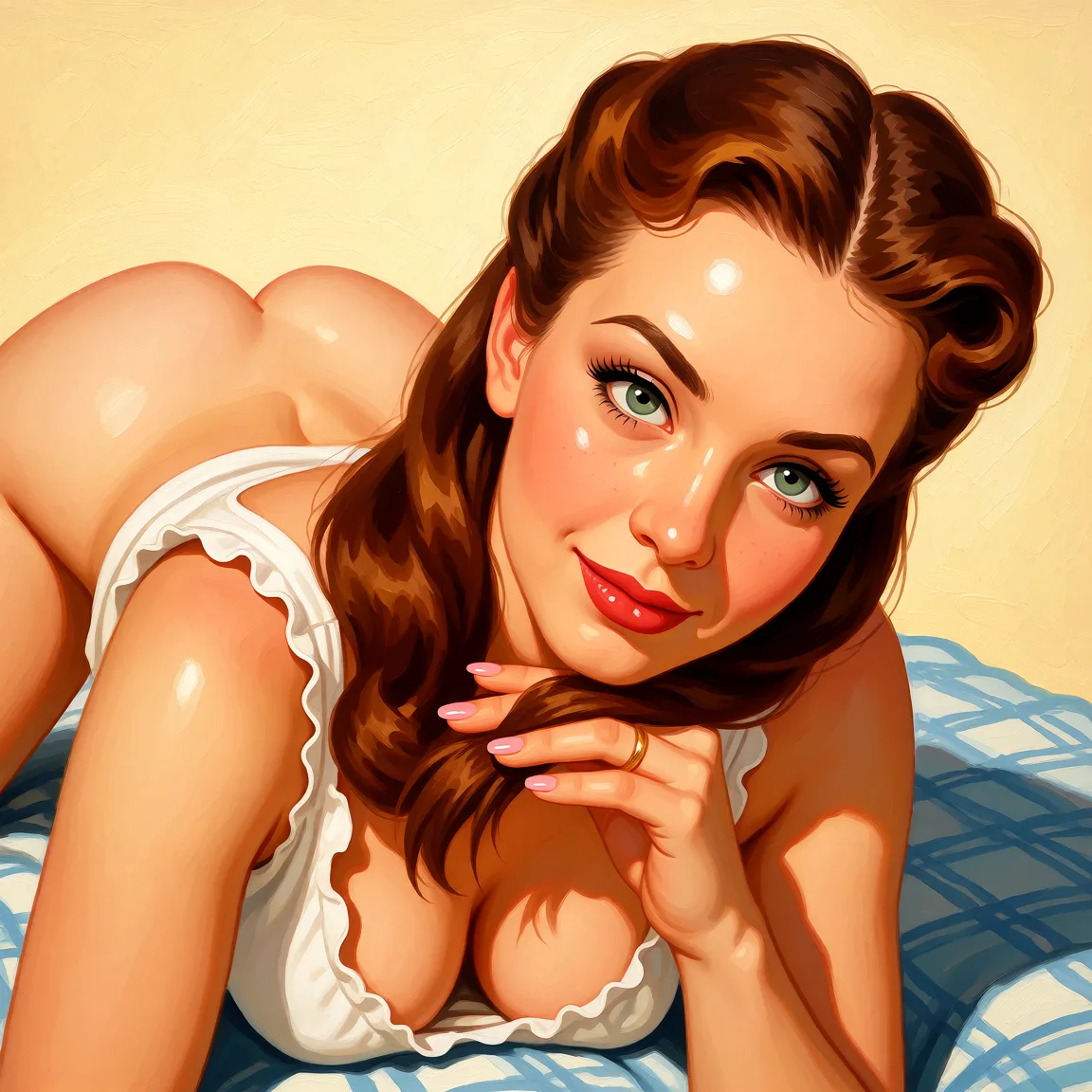 Redraw the entire picture as a retro pin-up illustration: smooth airbrushed gouache paint, warm saturated mid-century colour, clean confident outlines and glamorous stylised features, in the look of a 1950s pin-up poster. The background is painted in the same style. Nothing in the frame keeps its photographic appearance. Above all, the picture must show: doggystyle.