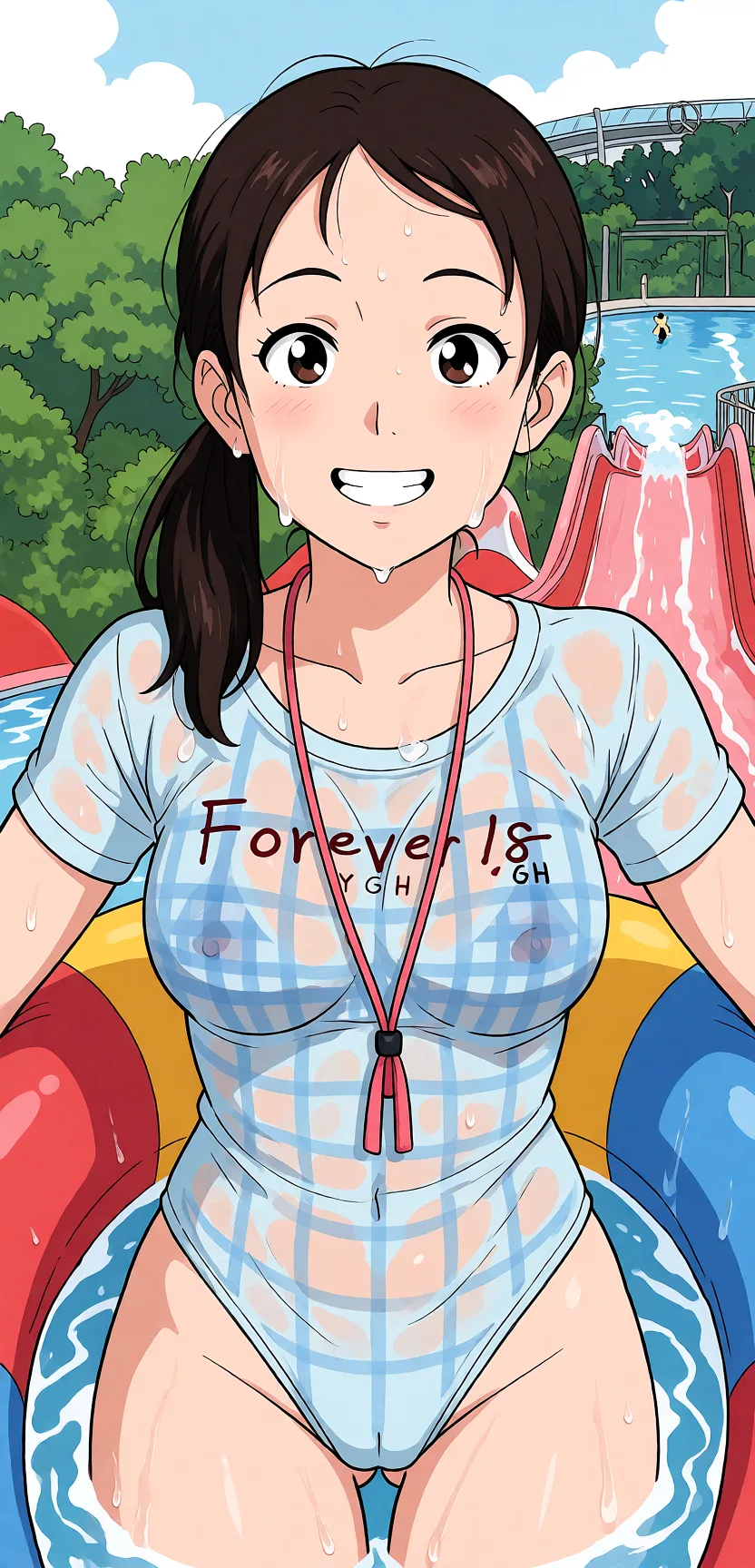 Redraw the entire picture as a hand-drawn anime illustration in flat cel-shaded anime style. It stays the same person with the same face, the same expression, the same hair and the same skin tone, and every other detail of the photograph is kept exactly as it is: nothing is added, removed, moved, uncovered or recoloured. Only the medium changes, and no part of the picture is left photographic. Above all, the picture must show: naked_shirt.