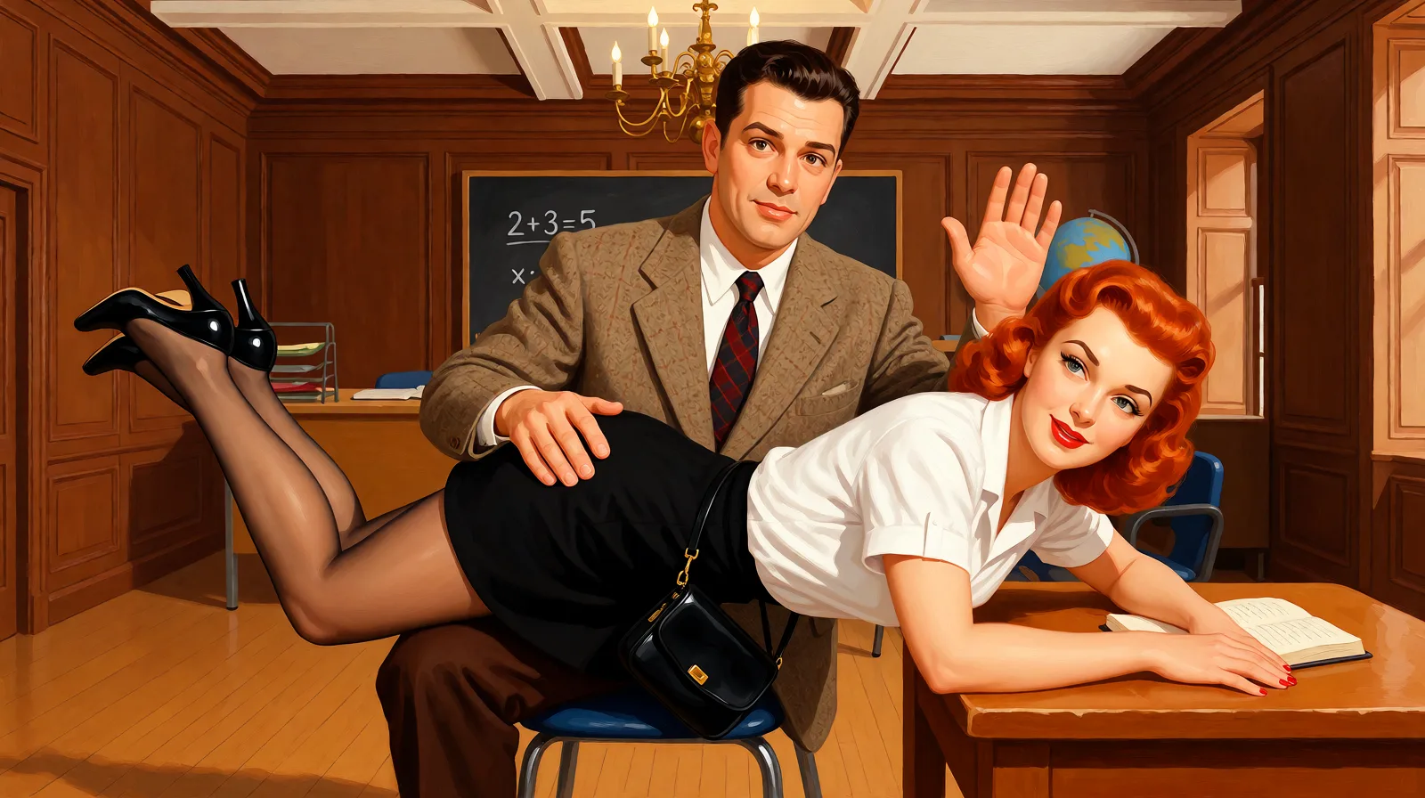 Redraw the entire picture as a retro pin-up illustration: smooth airbrushed gouache paint, warm saturated mid-century colour, clean confident outlines and glamorous stylised features, in the look of a 1950s pin-up poster. The background is painted in the same style. Nothing in the frame keeps its photographic appearance. Above all, the picture must show: properly across his knee his left hand on her back his right hand raised.