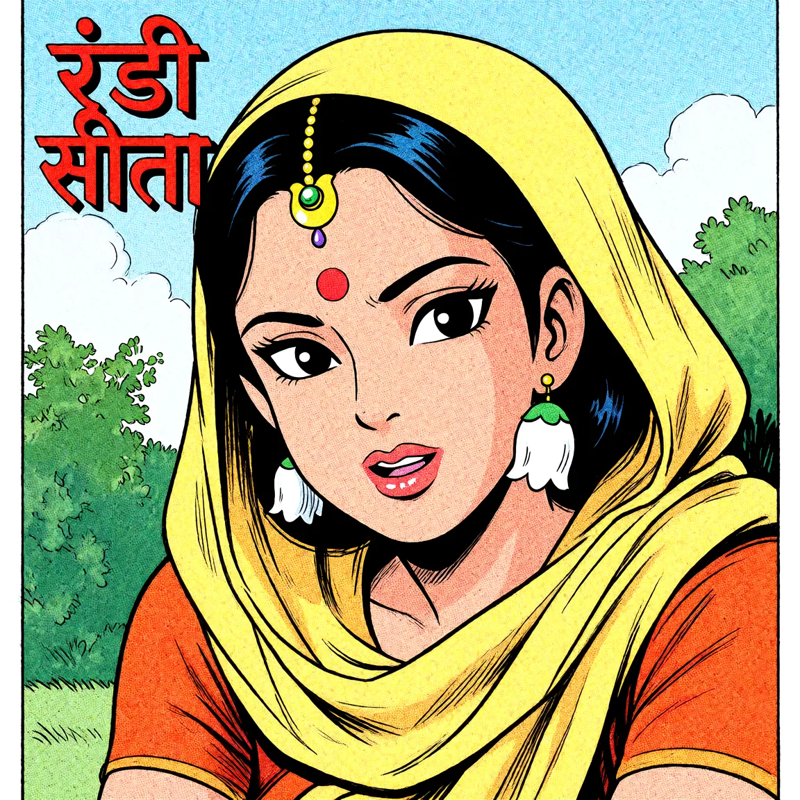 Redraw the entire picture as western comic-book art: heavy black inked outlines, hard-edged cel shading, limited high-contrast colour and visible halftone dot texture. The background is drawn in the same style. Nothing in the frame keeps its photographic appearance. Above all, the picture must show: vertical phone wallpaper, squatting, text above her saying रंडी सीता.