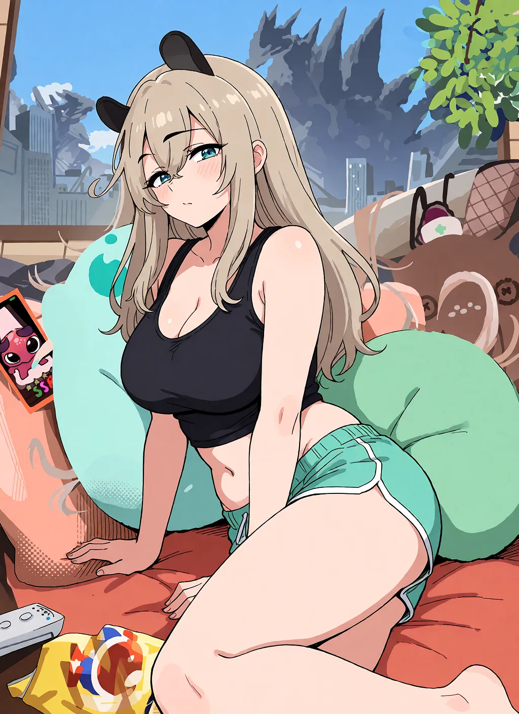 Redraw the entire picture as a hand-drawn anime illustration in flat cel-shaded anime style. It stays the same person with the same face, the same expression, the same hair and the same skin tone, and every other detail of the photograph is kept exactly as it is: nothing is added, removed, moved, uncovered or recoloured. Only the medium changes, and no part of the picture is left photographic. Above all, the picture must show: make the woman in the picture have thighs, ass and stomach a small bit thicker, her breasts a cup larger and show her stomach by having her leg be a bit lower. make her clothes even more revealing, but not fully nude. stay in the original image's artstyle.