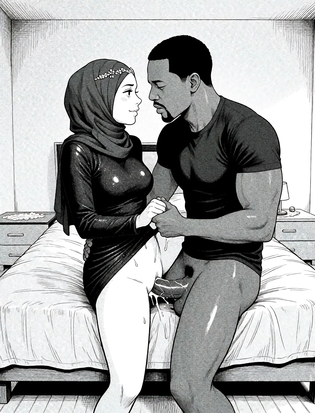 Redraw the entire picture as a black and white manga page: crisp black ink line art, no colour anywhere, flat halftone screentone shading, hatched shadows and clean white highlights, in the look of a printed manga panel. The background is drawn in the same style. Nothing in the frame keeps its photographic appearance. Above all, the picture must show: black man are fucking hes wife on ass.