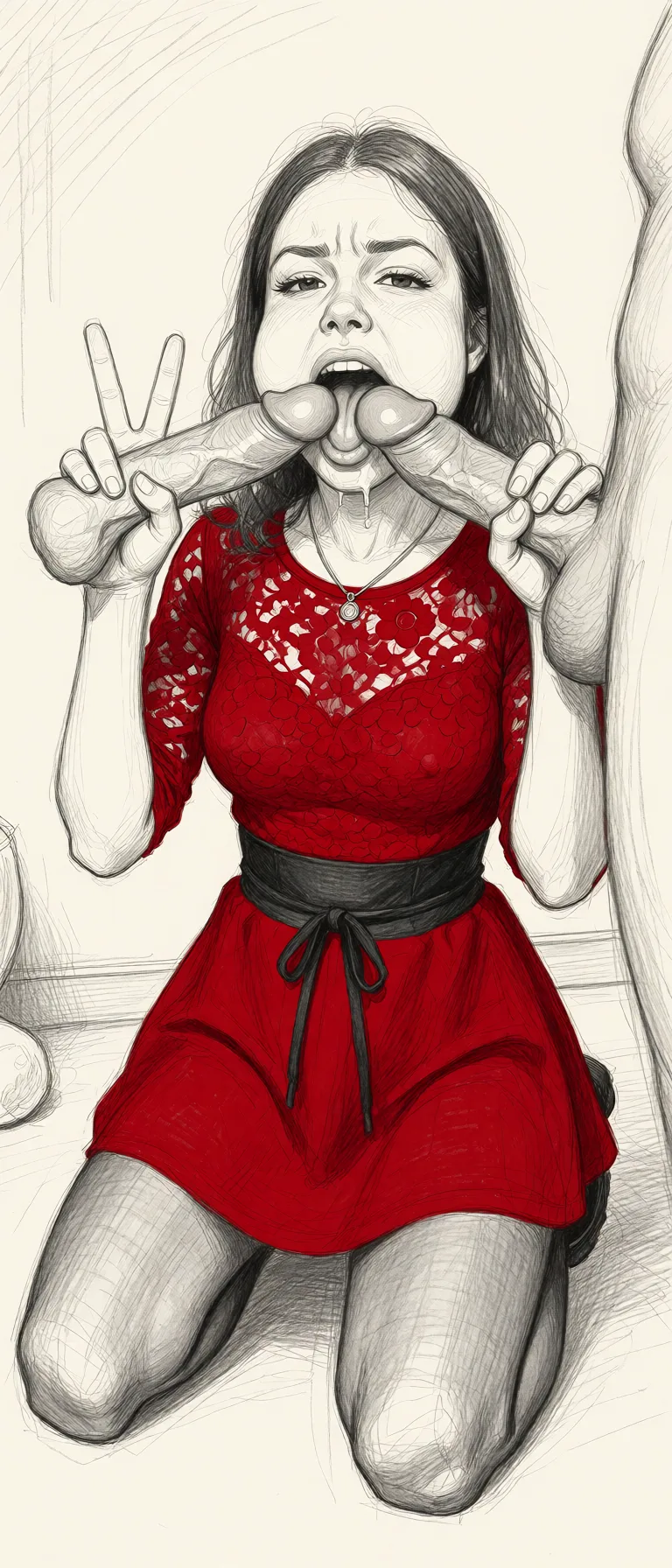 Redraw the entire picture as a hand-drawn graphite sketch on off-white paper: visible pencil strokes, cross-hatched shading, loose construction lines and no colour beyond the grey of the pencil and the tone of the paper. The background is drawn in the same style. Nothing in the frame keeps its photographic appearance. Above all, the picture must show: kneeling with her breasts_out of dress, holding two dicks in her mouth with cheeks bulging and lewd facial expression.