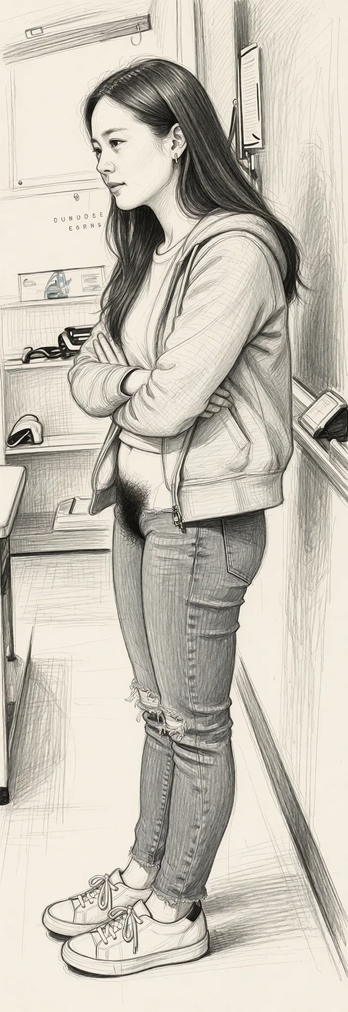 Redraw the entire picture as a hand-drawn graphite sketch on off-white paper: visible pencil strokes, cross-hatched shading, loose construction lines and no colour beyond the grey of the pencil and the tone of the paper. The background is drawn in the same style. Nothing in the frame keeps its photographic appearance. Above all, the picture must show: Pubic hair.
