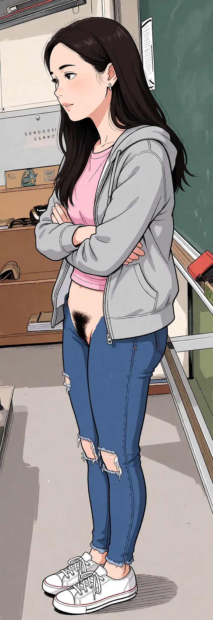 Redraw the entire picture as a hand-drawn anime illustration in flat cel-shaded anime style. It stays the same person with the same face, the same expression, the same hair and the same skin tone, and every other detail of the photograph is kept exactly as it is: nothing is added, removed, moved, uncovered or recoloured. Only the medium changes, and no part of the picture is left photographic. Above all, the picture must show: Pubic Hair.