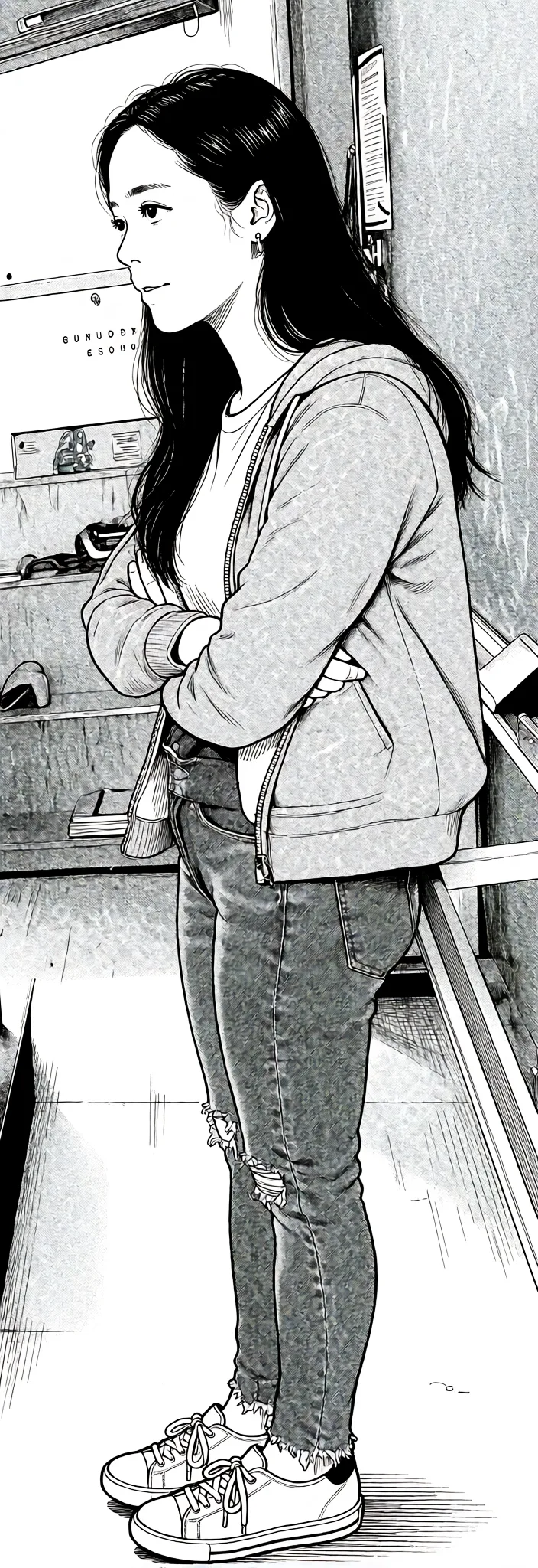 Redraw the entire picture as a black and white manga page: crisp black ink line art, no colour anywhere, flat halftone screentone shading, hatched shadows and clean white highlights, in the look of a printed manga panel. The background is drawn in the same style. Nothing in the frame keeps its photographic appearance. Above all, the picture must show: 要跟原圖一樣 露出陰毛.