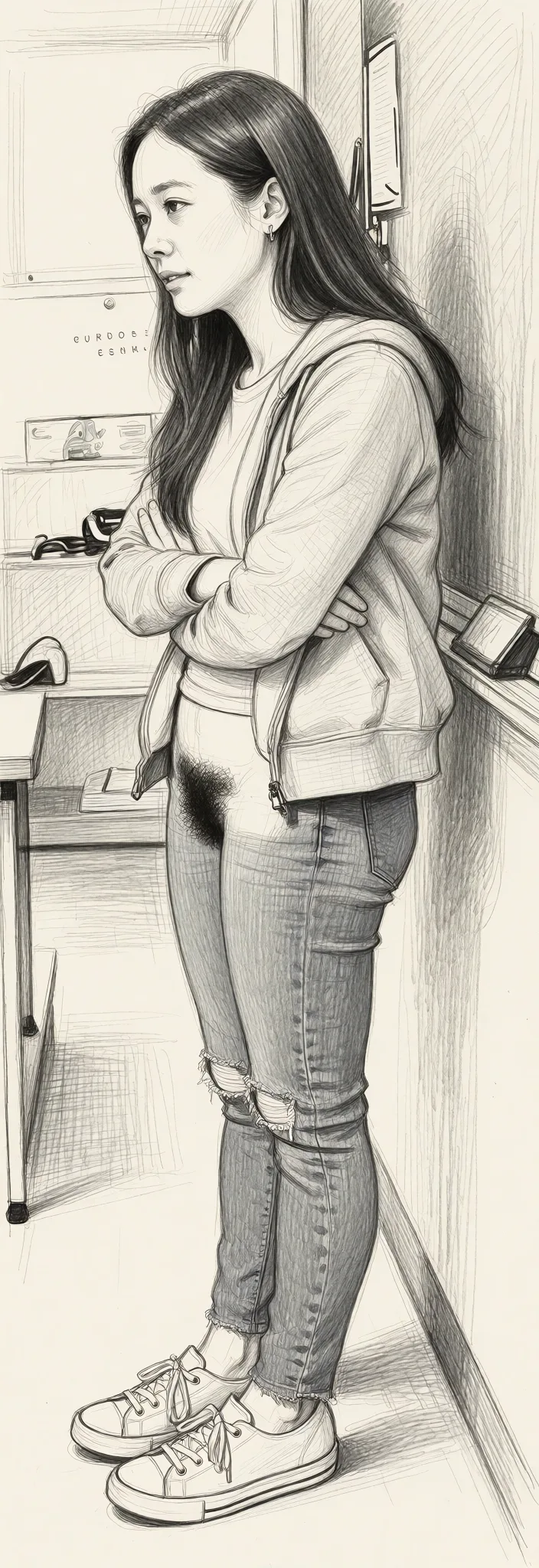 Redraw the entire picture as a hand-drawn graphite sketch on off-white paper: visible pencil strokes, cross-hatched shading, loose construction lines and no colour beyond the grey of the pencil and the tone of the paper. The background is drawn in the same style. Nothing in the frame keeps its photographic appearance. Above all, the picture must show: Pubic Hair.