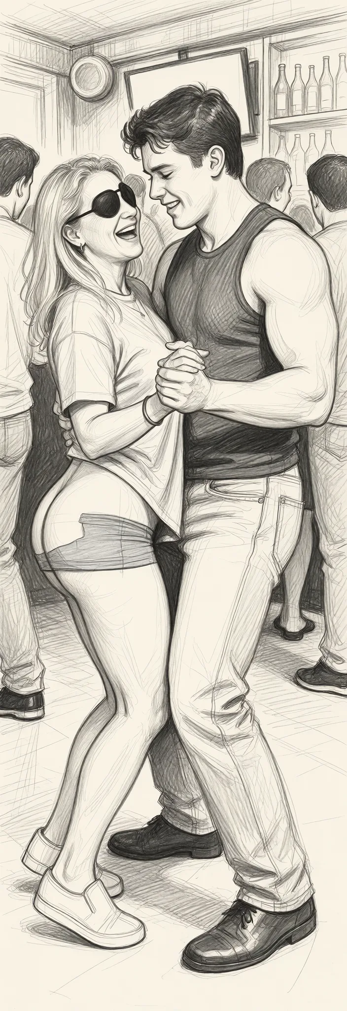 Redraw the entire picture as a hand-drawn graphite sketch on off-white paper: visible pencil strokes, cross-hatched shading, loose construction lines and no colour beyond the grey of the pencil and the tone of the paper. The background is drawn in the same style. Nothing in the frame keeps its photographic appearance. Above all, the picture must show: The older mature 55 year old woman is wearing a very loose and revealing halter top and ultra short skirt revealing a good portion of her ass cheeks. She is passionately dancing with a large good looking 18 year old that is wearing a muscle shirt and jeans in a crowded bar.