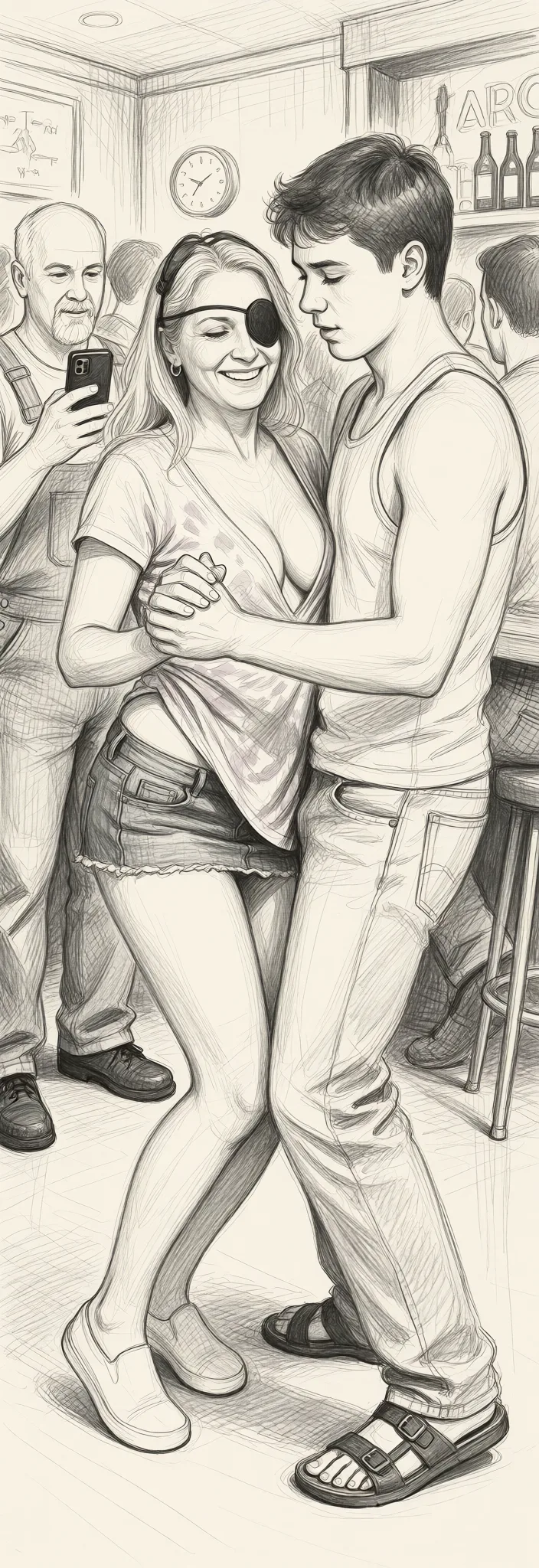 Redraw the entire picture as a hand-drawn graphite sketch on off-white paper: visible pencil strokes, cross-hatched shading, loose construction lines and no colour beyond the grey of the pencil and the tone of the paper. The background is drawn in the same style. Nothing in the frame keeps its photographic appearance. Above all, the picture must show: The older, mature 60 year old woman is wearing a skimpy very short skirt that is revealing that she isn't wearing any panties. She has a very loose top with a plunging neckline revealing most her breasts. She is dancing very seductively with a very large 18 year old boy that is wearing blue jeans and a tank top. They are in a crowded bar and are being filmed with a cell phone by an older bald man with a goatee wearing overalls.