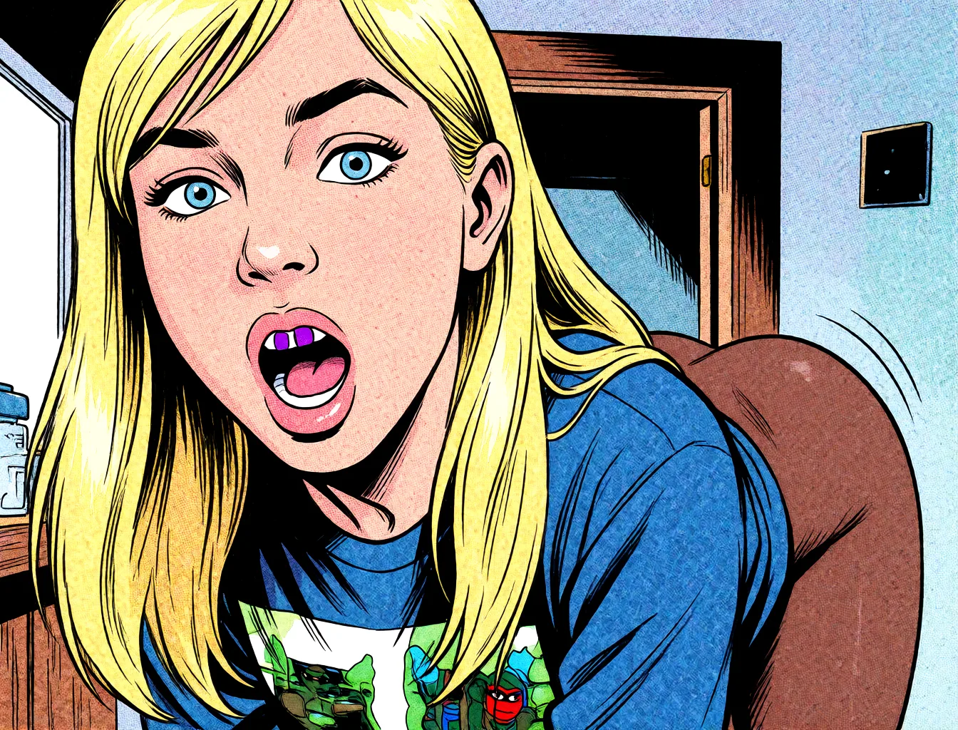 Redraw the entire picture as western comic-book art: heavy black inked outlines, hard-edged cel shading, limited high-contrast colour and visible halftone dot texture. The background is drawn in the same style. Nothing in the frame keeps its photographic appearance. Above all, the picture must show: anal standing_sex dark_skin.
