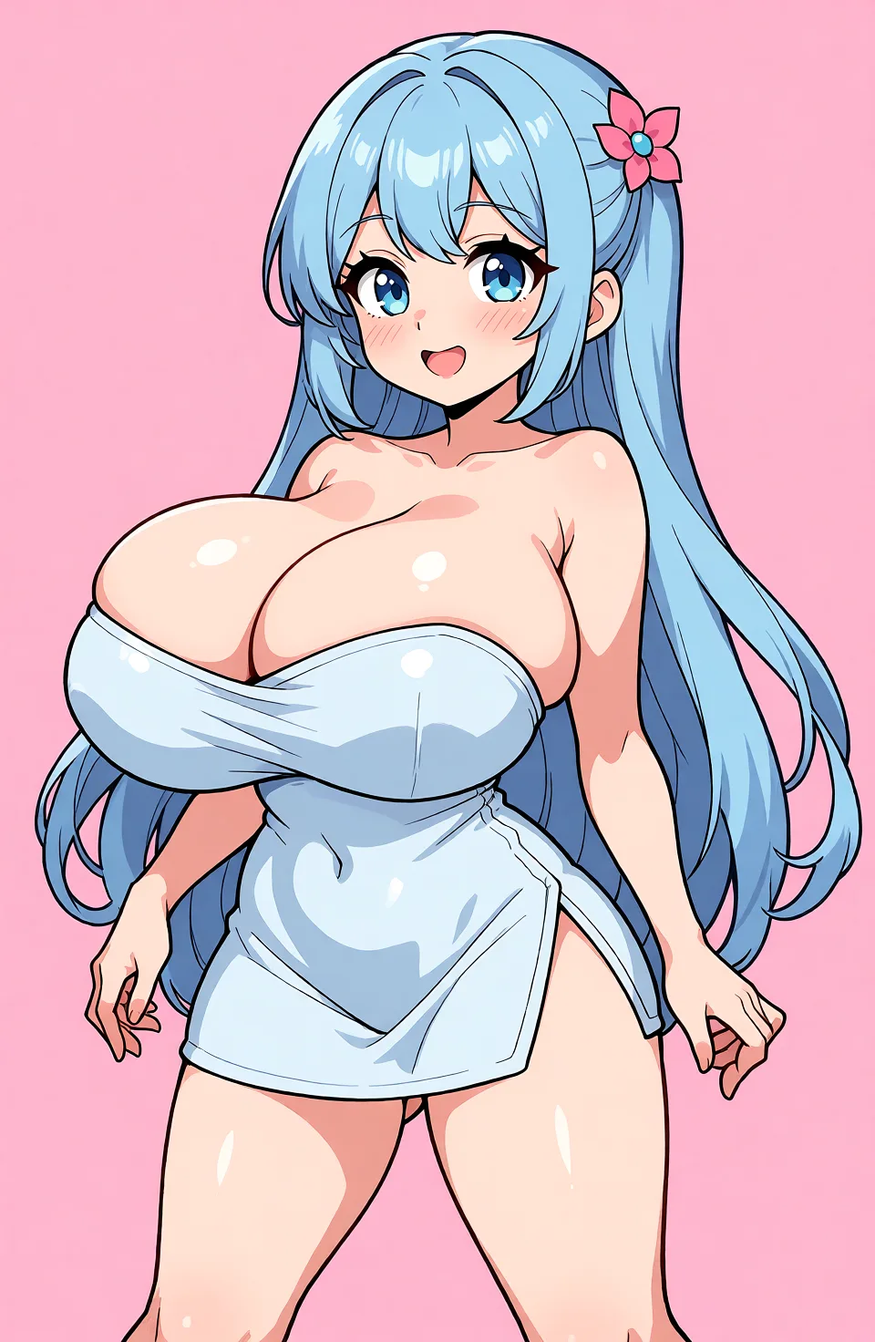Redraw the entire picture as a hand-drawn anime illustration in flat cel-shaded anime style. It stays the same person with the same face, the same expression, the same hair and the same skin tone, and every other detail of the photograph is kept exactly as it is: nothing is added, removed, moved, uncovered or recoloured. Only the medium changes, and no part of the picture is left photographic. Above all, the picture must show: nude legs_apart.