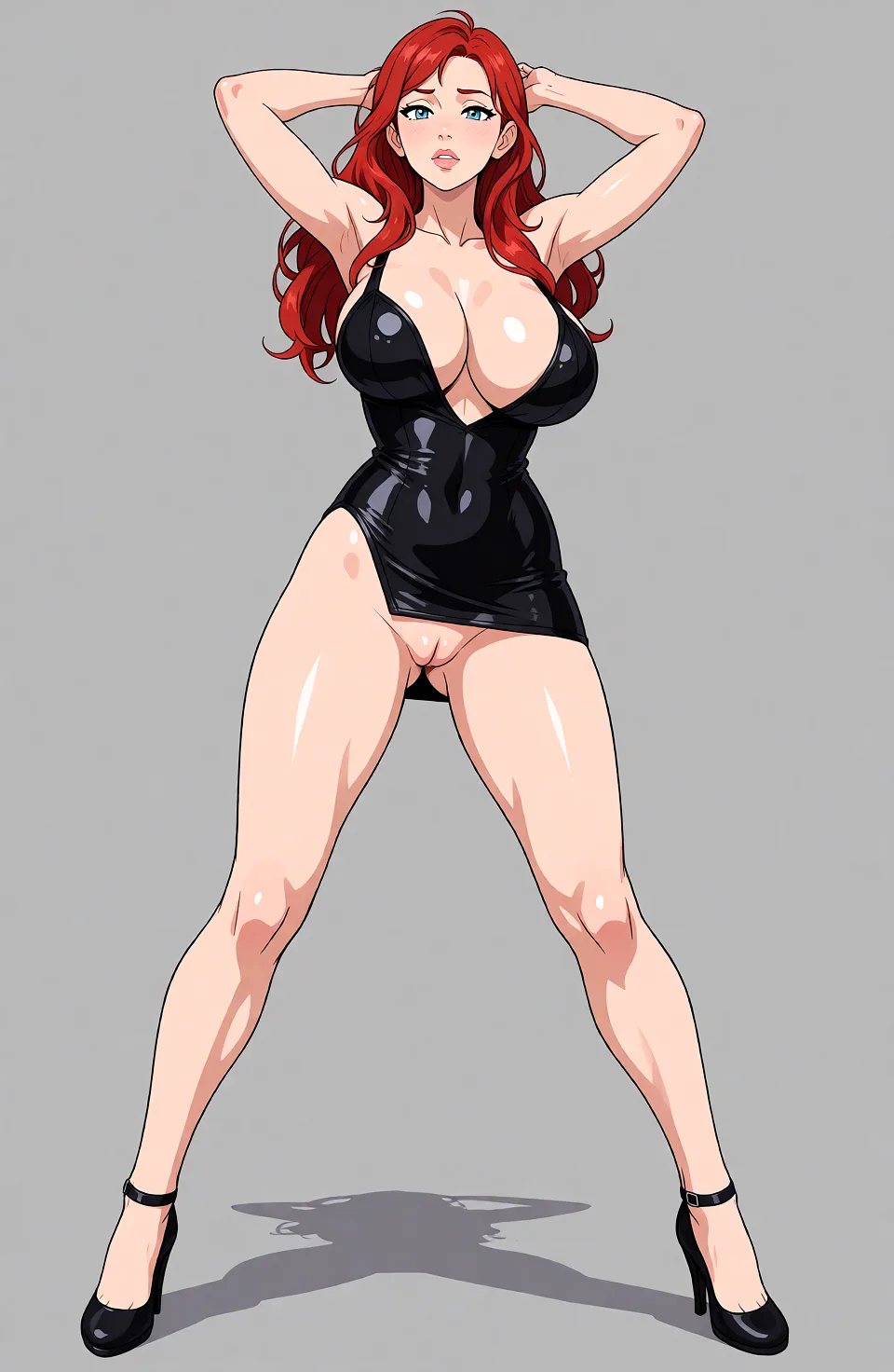 Redraw the entire picture as a hand-drawn anime illustration in flat cel-shaded anime style. It stays the same person with the same face, the same expression, the same hair and the same skin tone, and every other detail of the photograph is kept exactly as it is: nothing is added, removed, moved, uncovered or recoloured. Only the medium changes, and no part of the picture is left photographic. Above all, the picture must show: legs_apart nude.