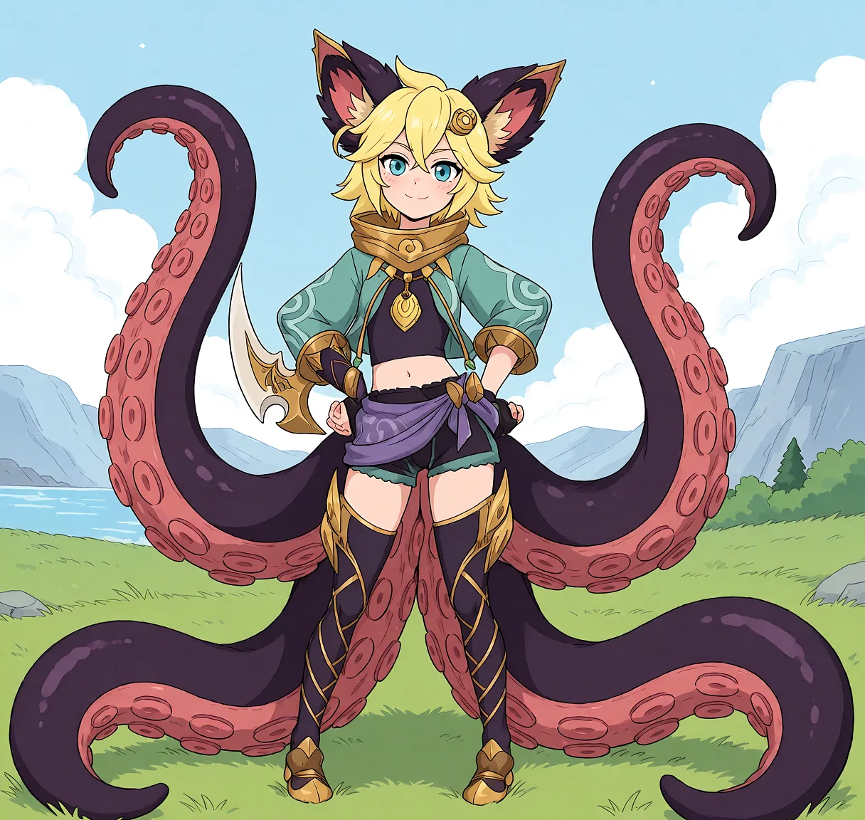 Redraw the entire picture as a hand-drawn anime illustration in flat cel-shaded anime style. It stays the same person with the same face, the same expression, the same hair and the same skin tone, and every other detail of the photograph is kept exactly as it is: nothing is added, removed, moved, uncovered or recoloured. Only the medium changes, and no part of the picture is left photographic. Above all, the picture must show: tentacles.