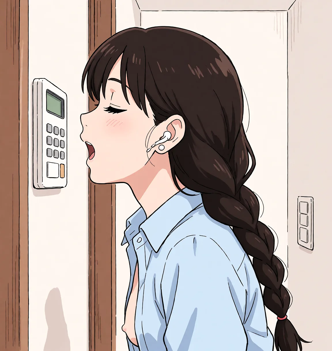 Redraw the entire picture as a hand-drawn anime illustration in flat cel-shaded anime style. It stays the same person with the same face, the same expression, the same hair and the same skin tone, and every other detail of the photograph is kept exactly as it is: nothing is added, removed, moved, uncovered or recoloured. Only the medium changes, and no part of the picture is left photographic. Above all, the picture must show: no_bra.