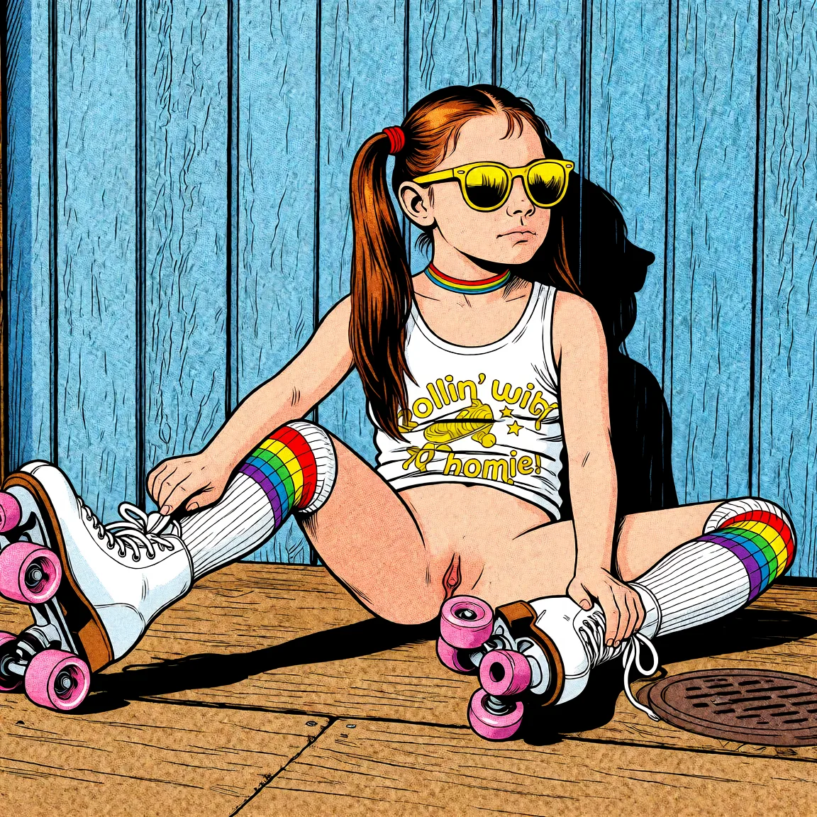 Redraw the entire picture as western comic-book art: heavy black inked outlines, hard-edged cel shading, limited high-contrast colour and visible halftone dot texture. The background is drawn in the same style. Nothing in the frame keeps its photographic appearance. Above all, the picture must show: legs_up.