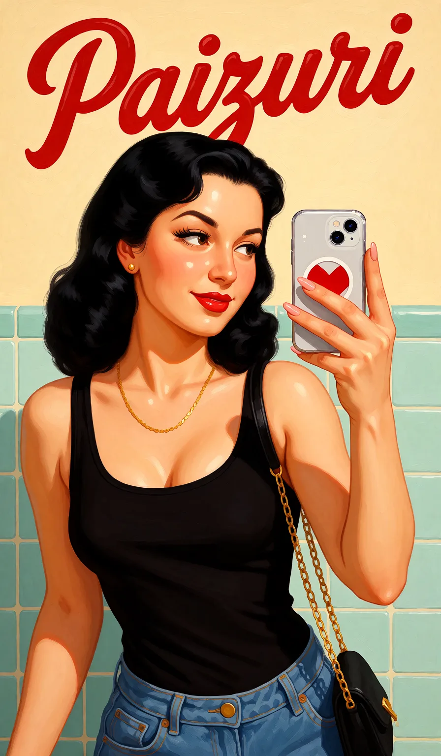 Redraw the entire picture as a retro pin-up illustration: smooth airbrushed gouache paint, warm saturated mid-century colour, clean confident outlines and glamorous stylised features, in the look of a 1950s pin-up poster. The background is painted in the same style. Nothing in the frame keeps its photographic appearance. Above all, the picture must show: paizuri.