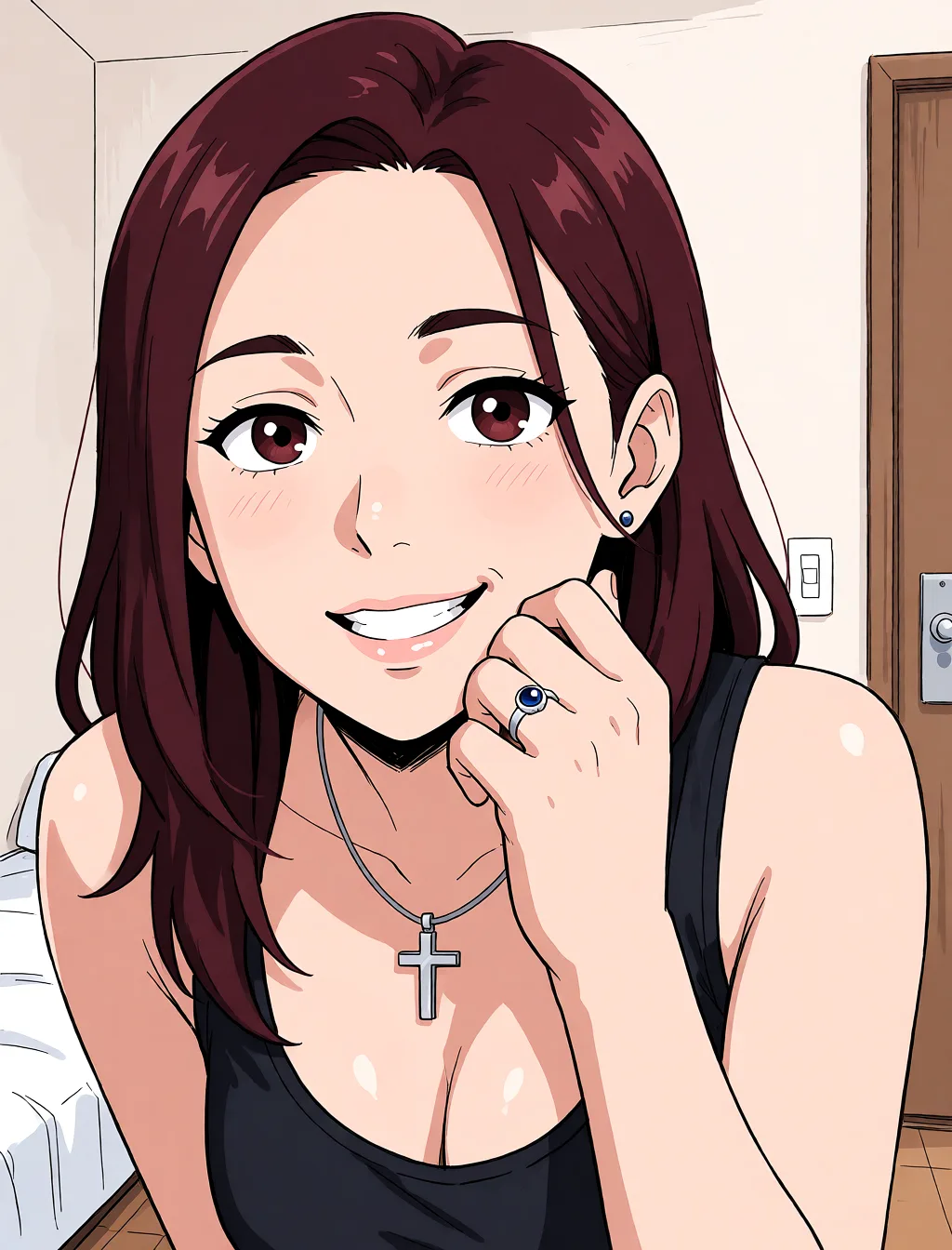 Redraw the entire picture as a hand-drawn anime illustration in flat cel-shaded anime style. It stays the same person with the same face, the same expression, the same hair and the same skin tone, and every other detail of the photograph is kept exactly as it is: nothing is added, removed, moved, uncovered or recoloured. Only the medium changes, and no part of the picture is left photographic. Above all, the picture must show: sex_from_behind.