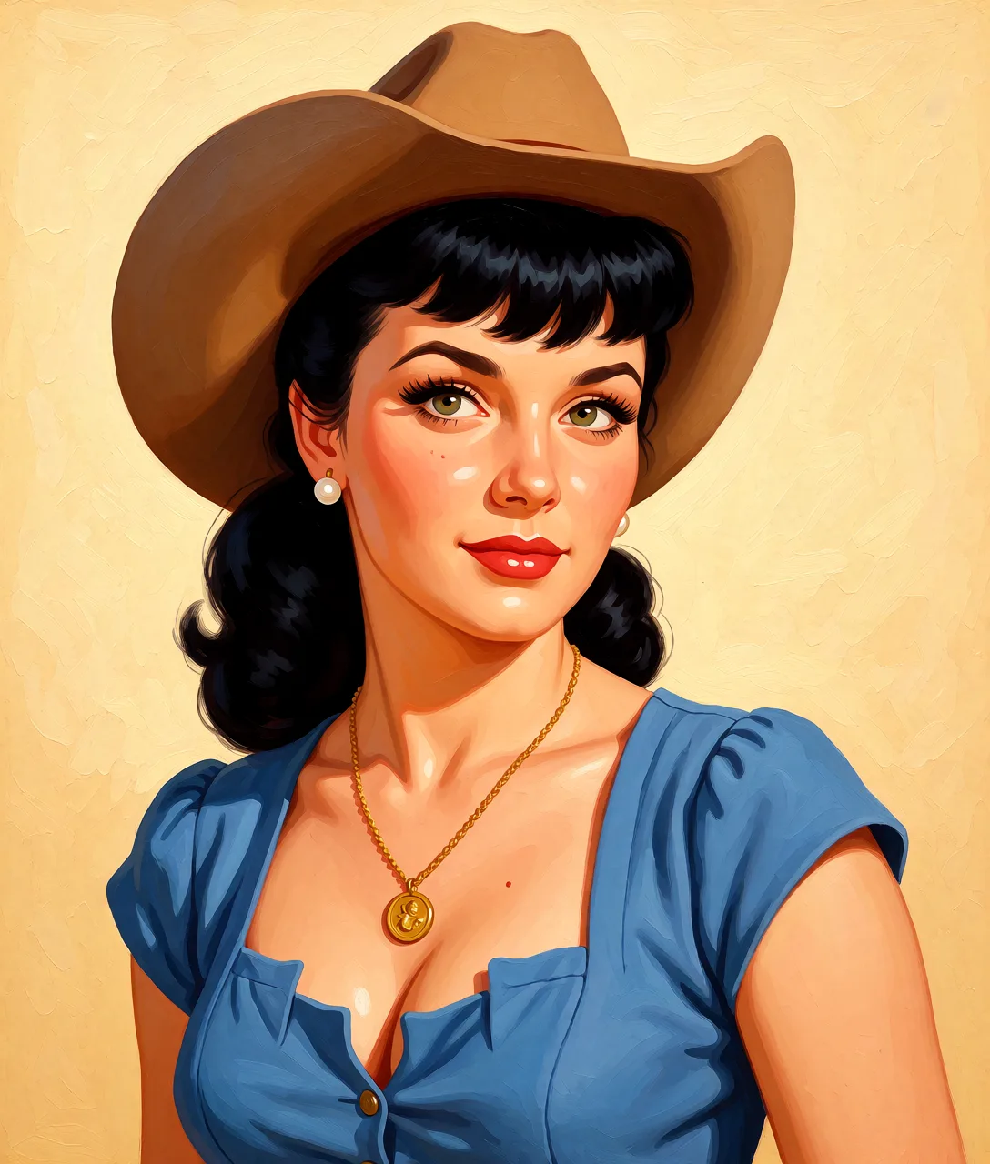 Redraw the entire picture as a retro pin-up illustration: smooth airbrushed gouache paint, warm saturated mid-century colour, clean confident outlines and glamorous stylised features, in the look of a 1950s pin-up poster. The background is painted in the same style. Nothing in the frame keeps its photographic appearance. Above all, the picture must show: cowgirl_position.