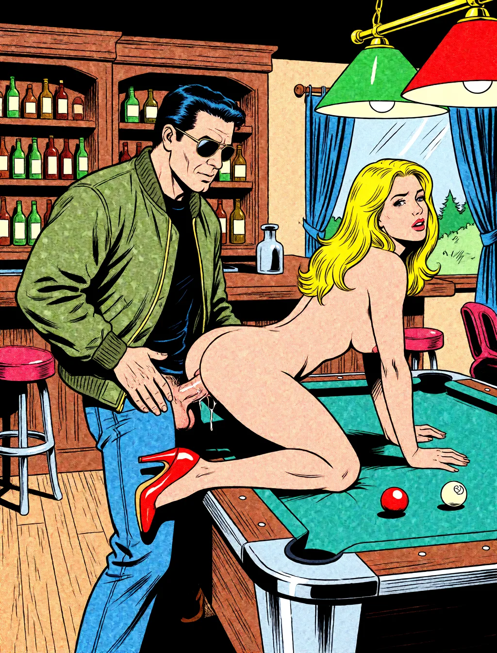 Redraw the entire picture as western comic-book art: heavy black inked outlines, hard-edged cel shading, limited high-contrast colour and visible halftone dot texture. The background is drawn in the same style. Nothing in the frame keeps its photographic appearance. Above all, the picture must show: They are in a bar. He fucks her on the pool table.