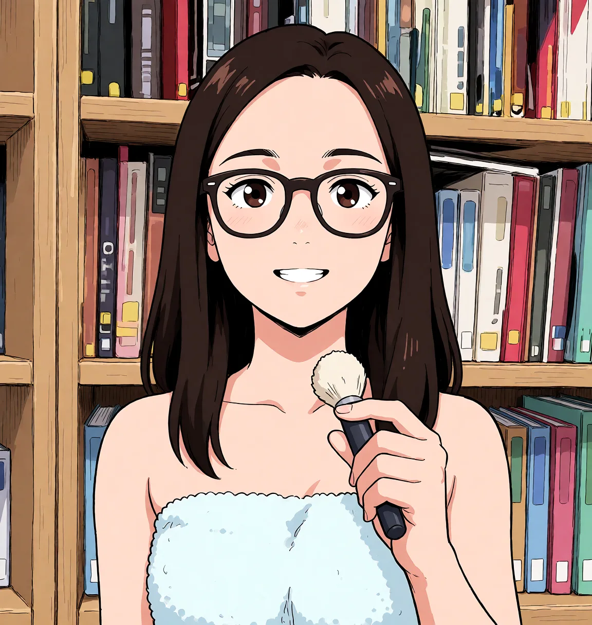 Redraw the entire picture as a hand-drawn anime illustration in flat cel-shaded anime style. It stays the same person with the same face, the same expression, the same hair and the same skin tone, and every other detail of the photograph is kept exactly as it is: nothing is added, removed, moved, uncovered or recoloured. Only the medium changes, and no part of the picture is left photographic. Above all, the picture must show: naked_towel.