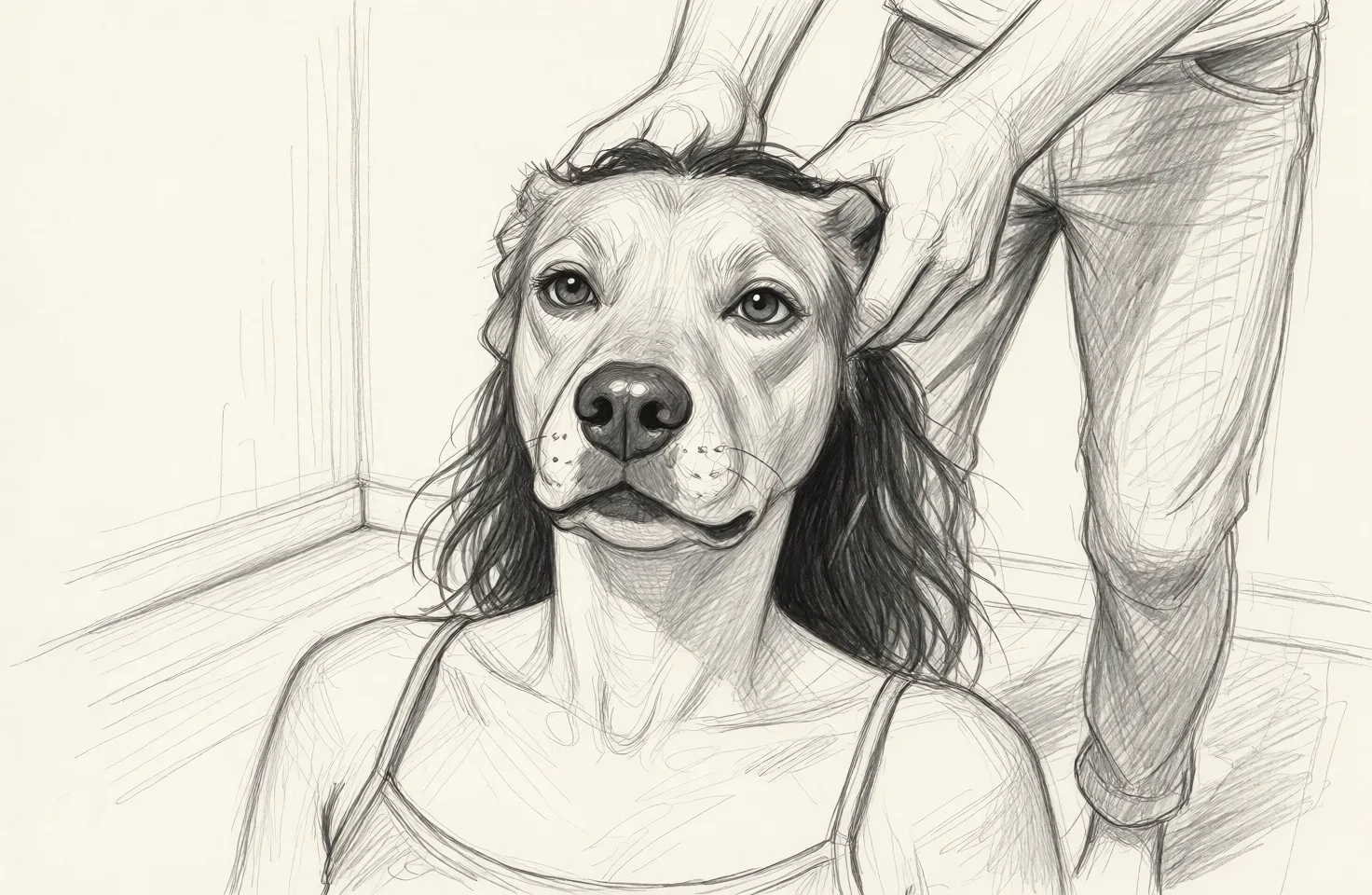 Redraw the entire picture as a hand-drawn graphite sketch on off-white paper: visible pencil strokes, cross-hatched shading, loose construction lines and no colour beyond the grey of the pencil and the tone of the paper. The background is drawn in the same style. Nothing in the frame keeps its photographic appearance. Above all, the picture must show: Front facing doggy with man pulling head back.