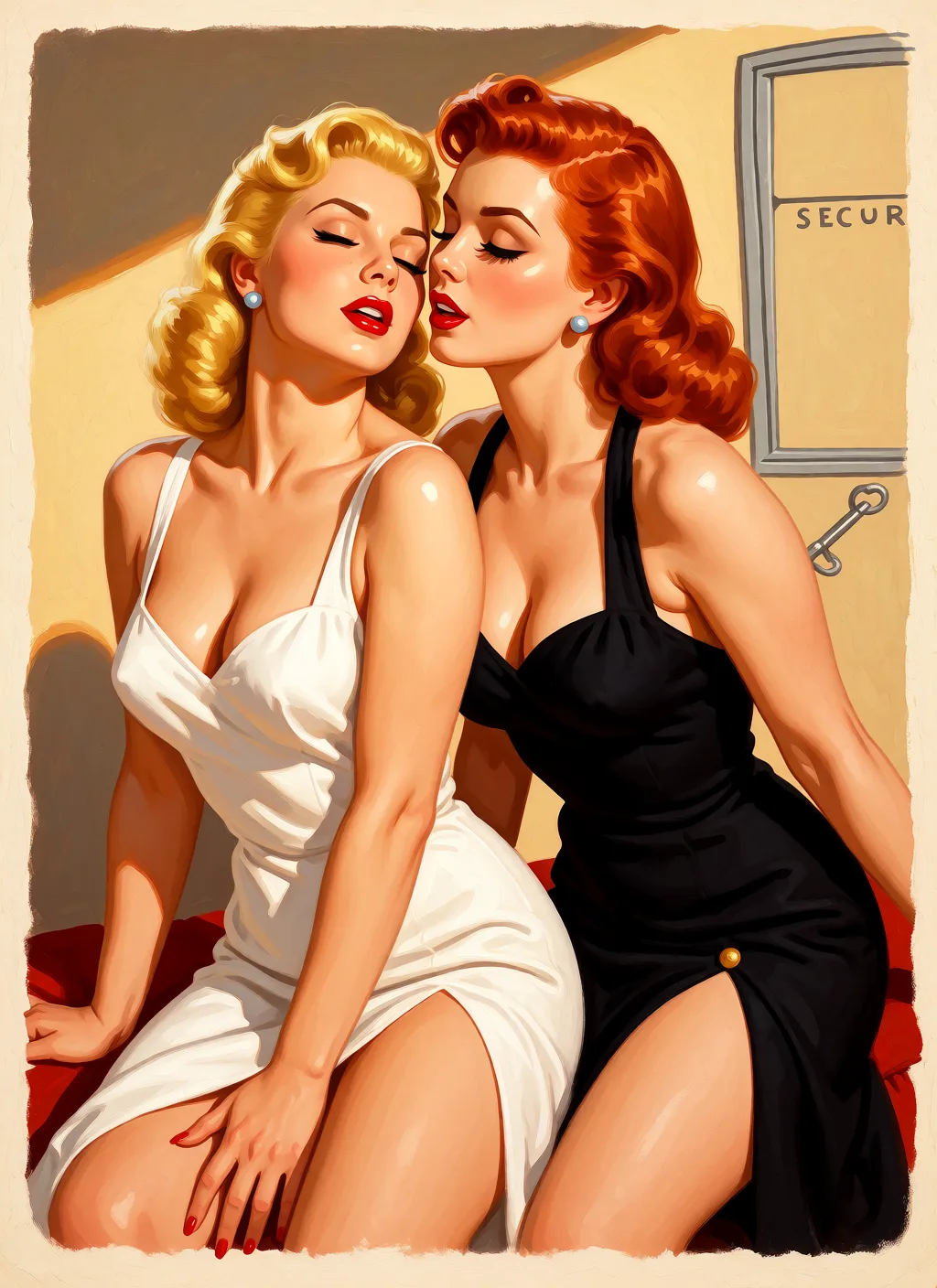 Redraw the entire picture as a retro pin-up illustration: smooth airbrushed gouache paint, warm saturated mid-century colour, clean confident outlines and glamorous stylised features, in the look of a 1950s pin-up poster. The background is painted in the same style. Nothing in the frame keeps its photographic appearance. Above all, the picture must show: Make the woman on the right a redhead with a black dress and the woman on the left a blonde with a white dress and her eyes closed, a sensual expression on her face.