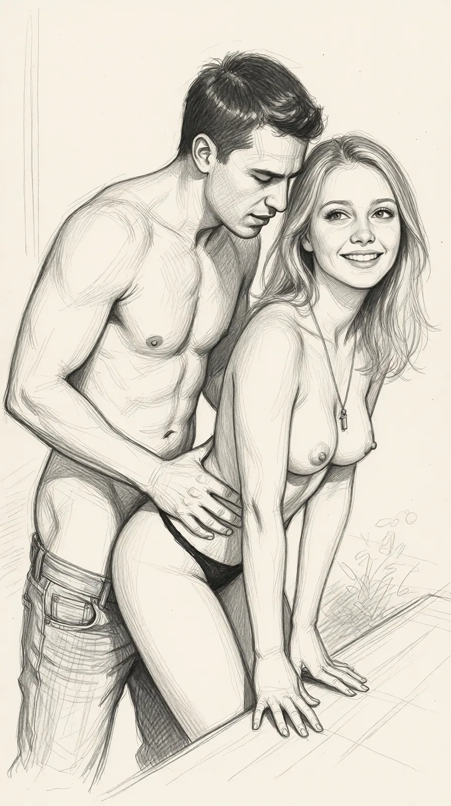 Redraw the entire picture as a hand-drawn graphite sketch on off-white paper: visible pencil strokes, cross-hatched shading, loose construction lines and no colour beyond the grey of the pencil and the tone of the paper. The background is drawn in the same style. Nothing in the frame keeps its photographic appearance. Above all, the picture must show: His pants off having sex with her from behind as her breast are out.
