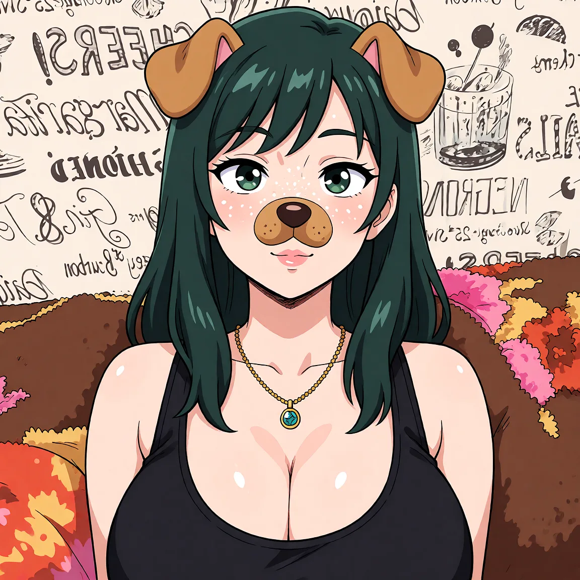 Redraw the entire picture as a hand-drawn anime illustration in flat cel-shaded anime style. It stays the same person with the same face, the same expression, the same hair and the same skin tone, and every other detail of the photograph is kept exactly as it is: nothing is added, removed, moved, uncovered or recoloured. Only the medium changes, and no part of the picture is left photographic. Above all, the picture must show: shows big breasts.