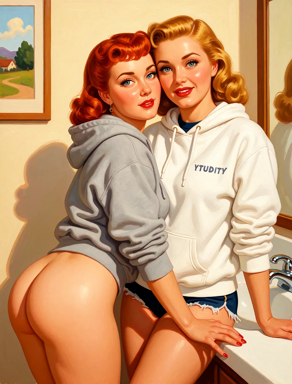 Redraw the entire picture as a retro pin-up illustration: smooth airbrushed gouache paint, warm saturated mid-century colour, clean confident outlines and glamorous stylised features, in the look of a 1950s pin-up poster. The background is painted in the same style. Nothing in the frame keeps its photographic appearance. Above all, the picture must show: Pussy and ass.