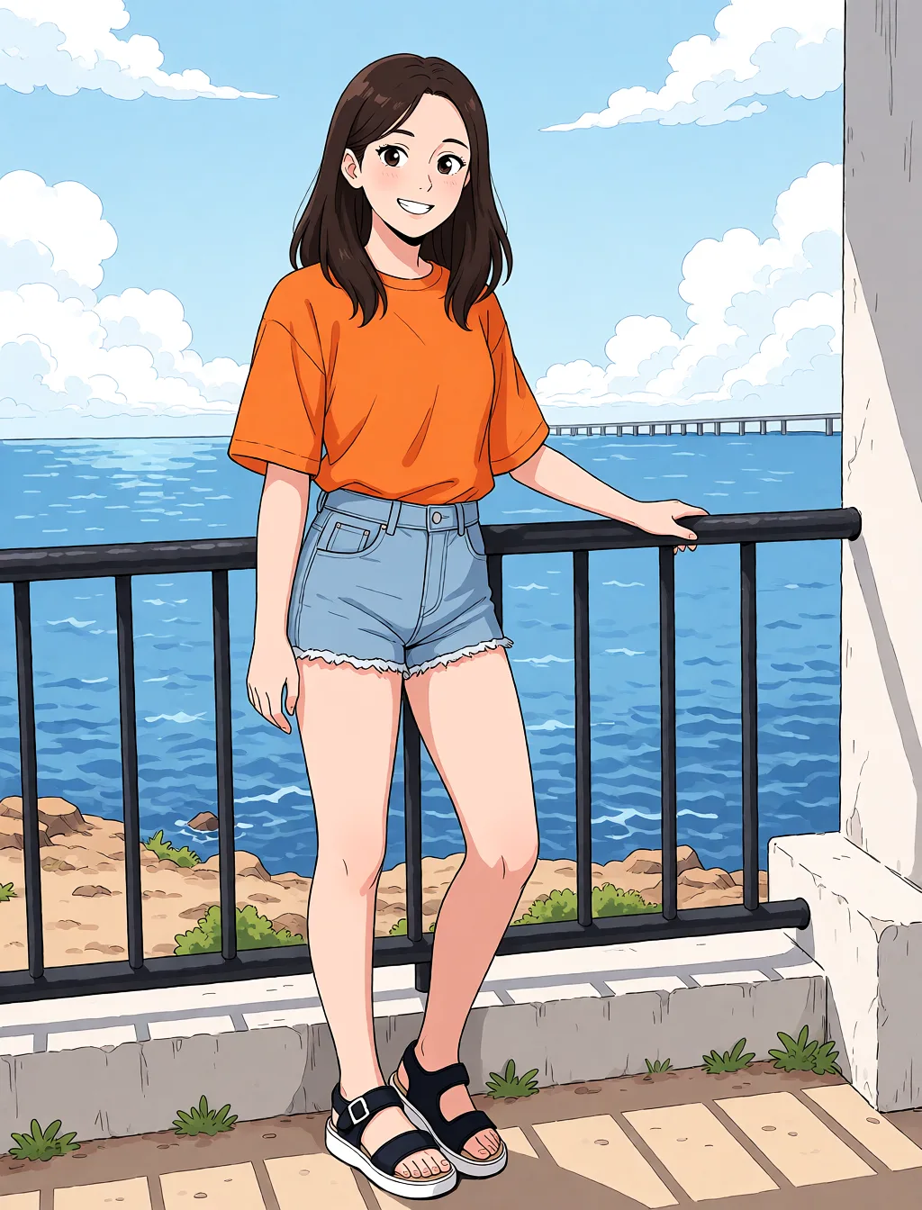 Redraw the entire picture as a hand-drawn anime illustration in flat cel-shaded anime style. It stays the same person with the same face, the same expression, the same hair and the same skin tone, and every other detail of the photograph is kept exactly as it is: nothing is added, removed, moved, uncovered or recoloured. Only the medium changes, and no part of the picture is left photographic. Above all, the picture must show: standing_sex.